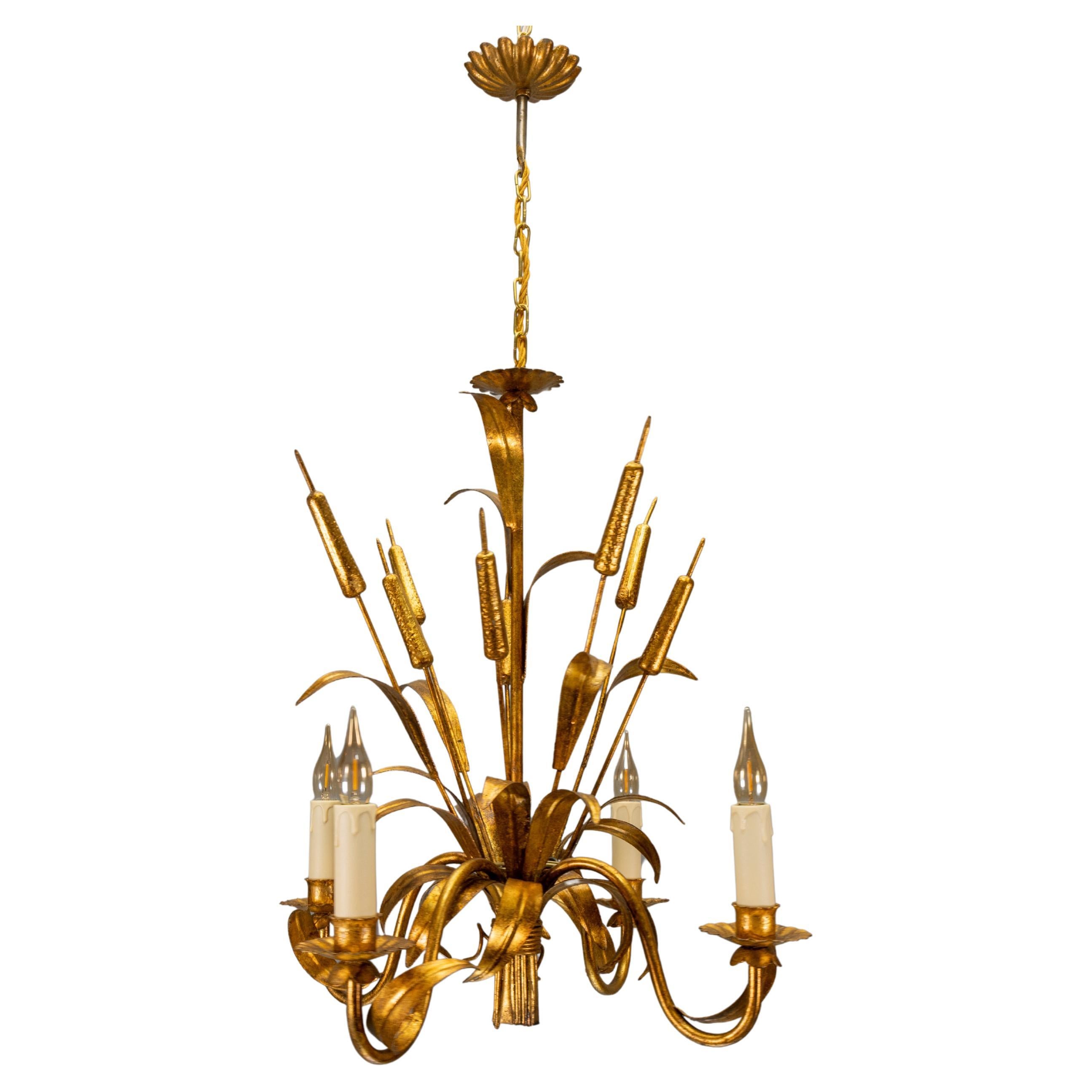 Mid-Century Hollywood Regency Chandelier with Cattail Motifs, 1950s For Sale