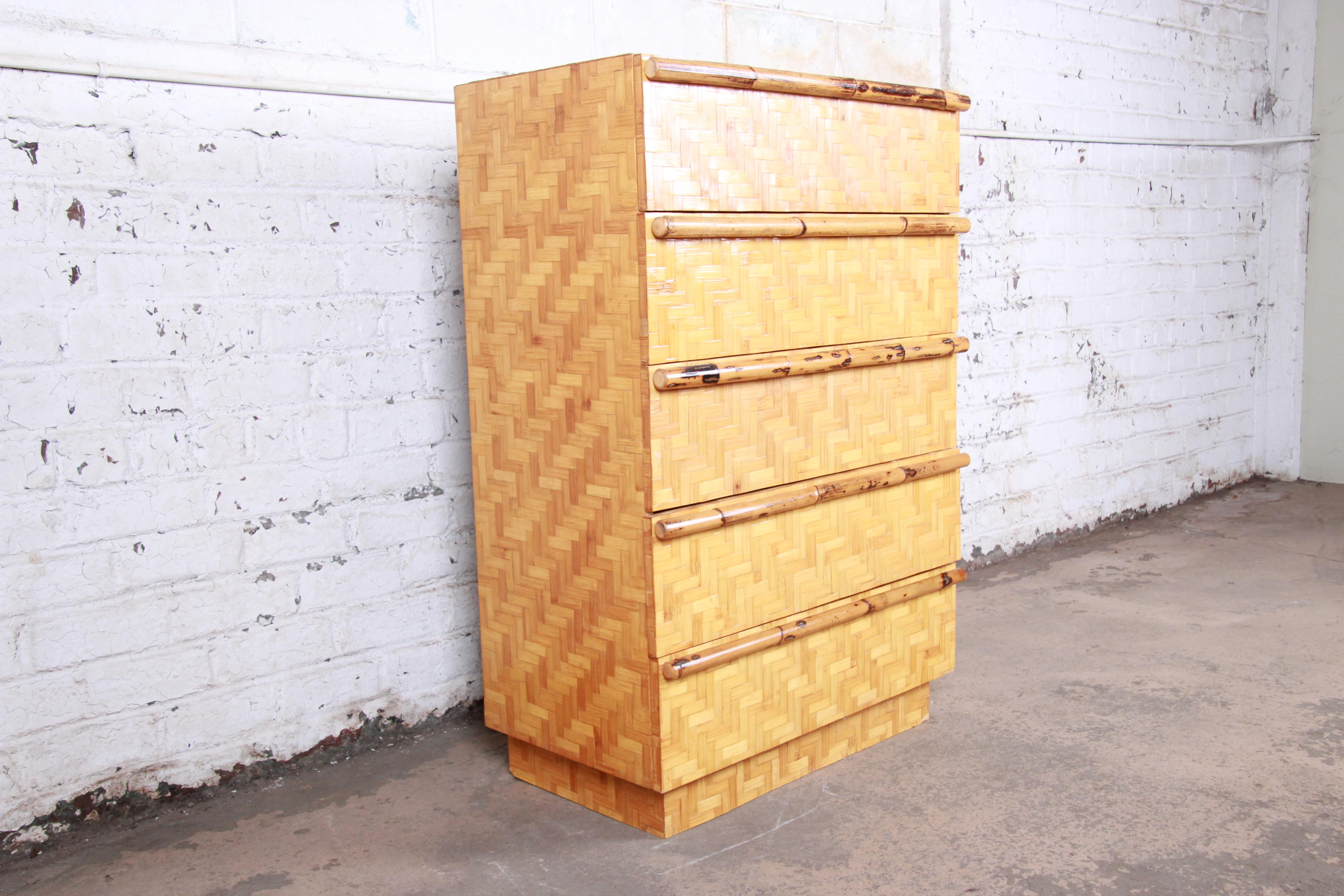 Midcentury Hollywood Regency Chinoiserie Bamboo Parquetry Highboy Dresser In Good Condition In South Bend, IN