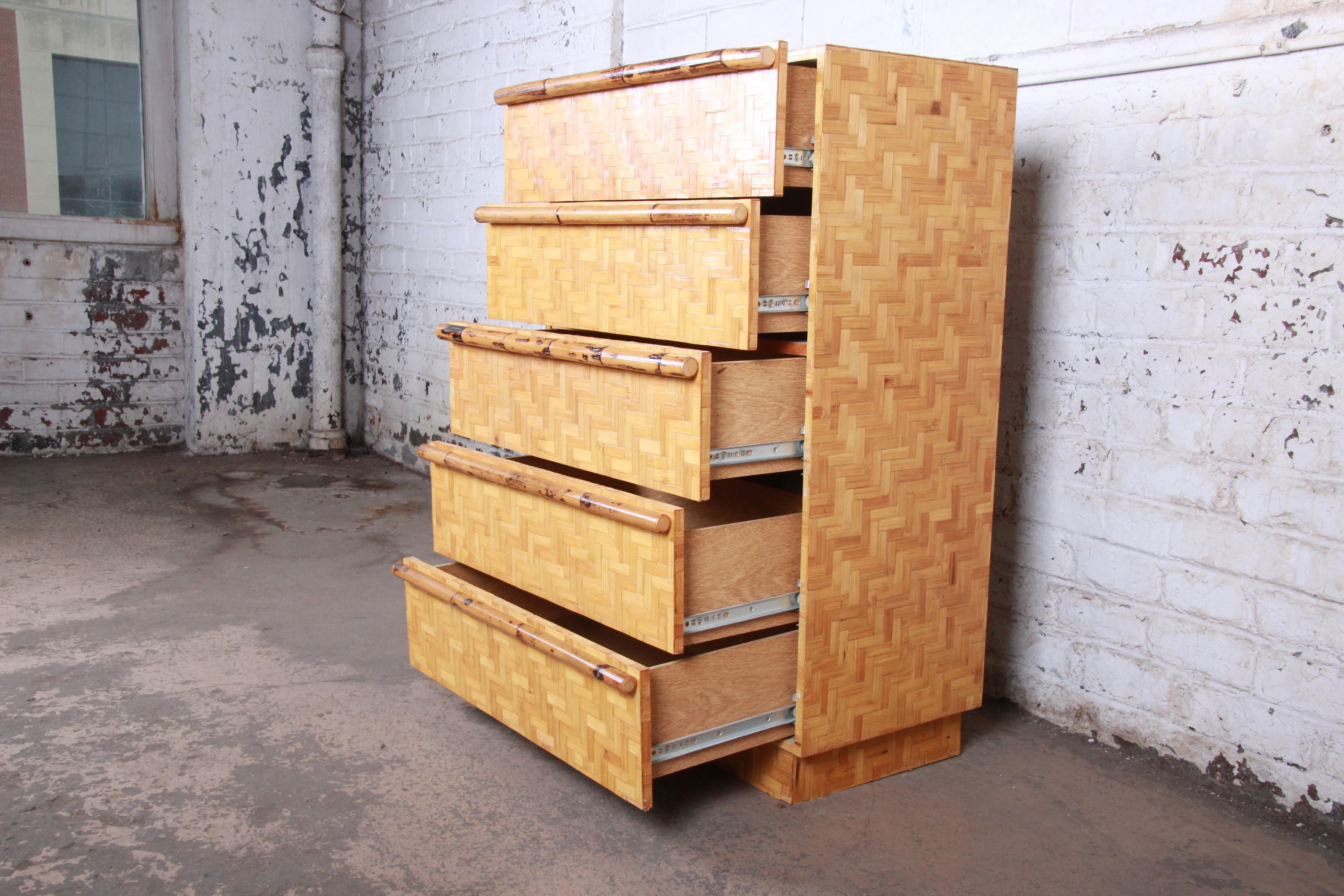 Late 20th Century Midcentury Hollywood Regency Chinoiserie Bamboo Parquetry Highboy Dresser