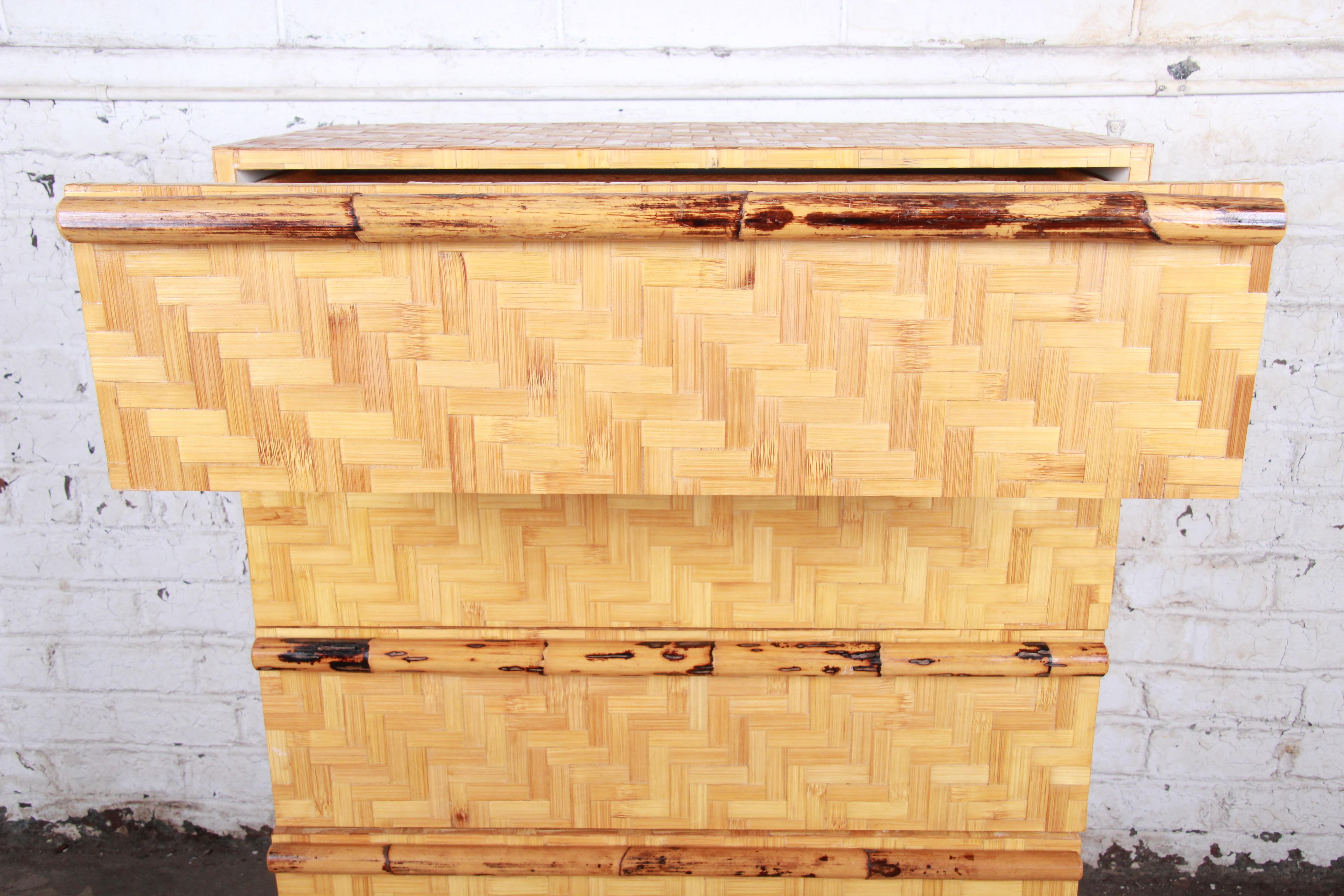 Midcentury Hollywood Regency Chinoiserie Bamboo Parquetry Highboy Dresser 1