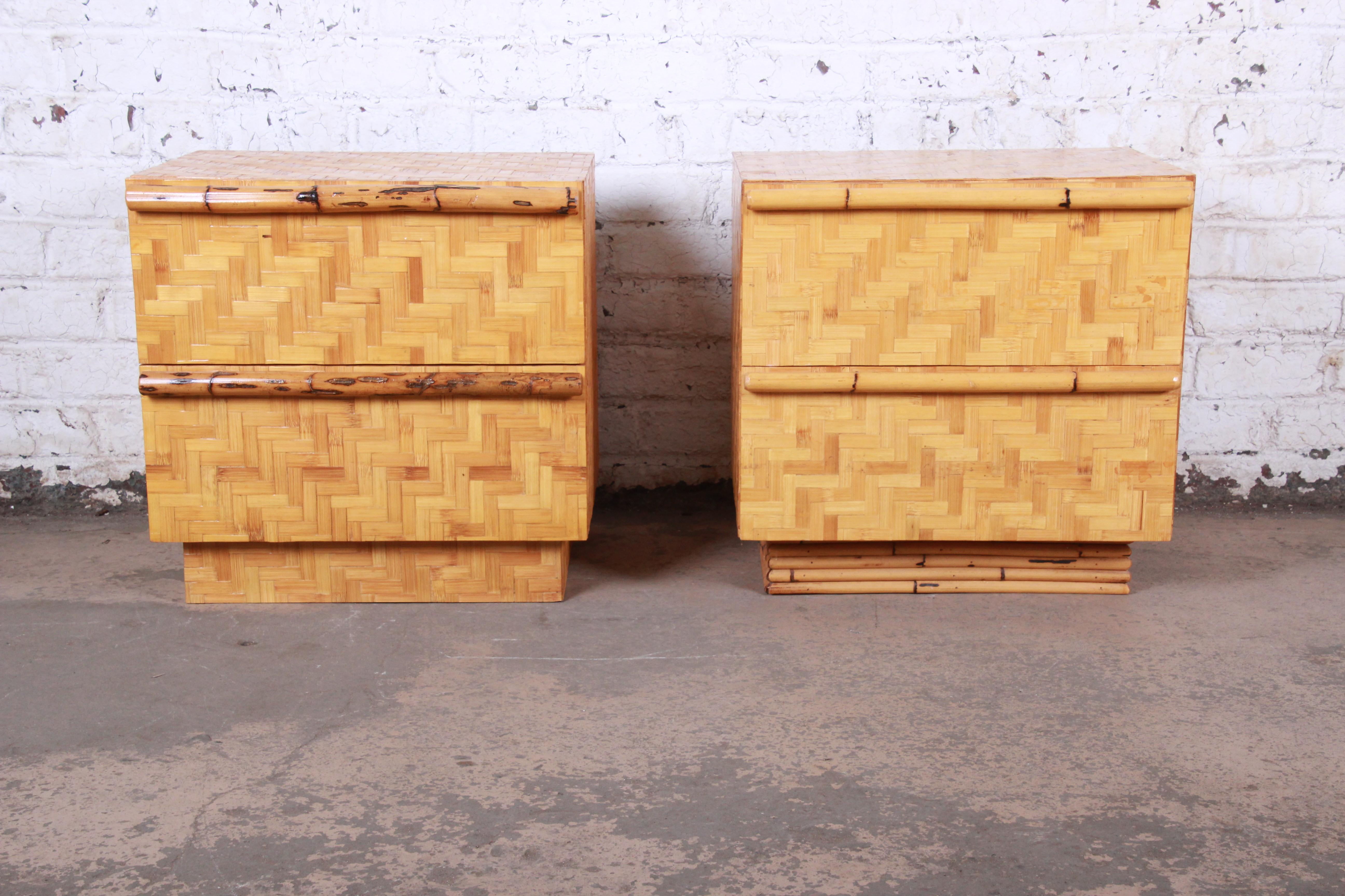 Mid-Century Modern Midcentury Hollywood Regency Chinoiserie Bamboo Parquetry Nightstands, Pair