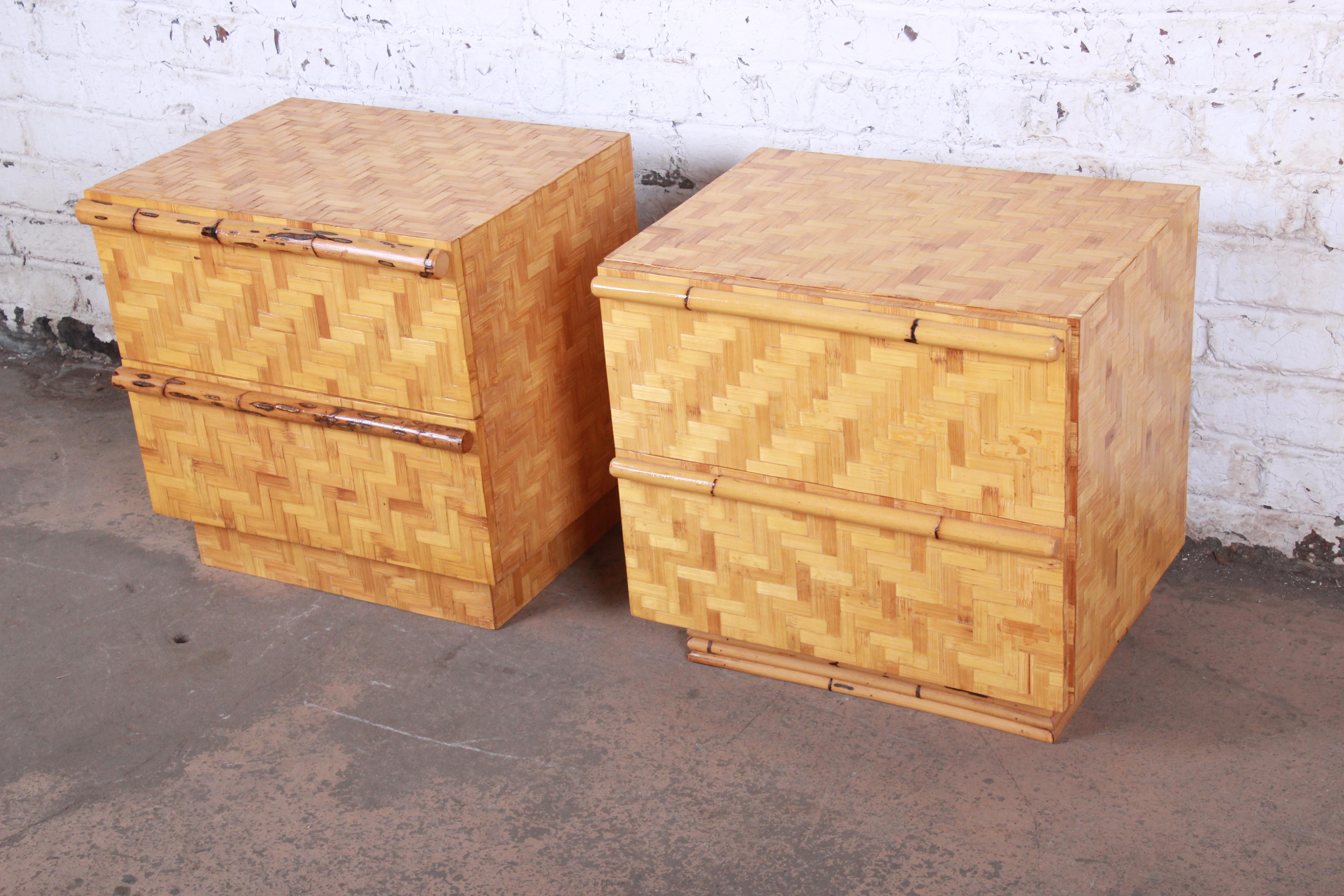 Midcentury Hollywood Regency Chinoiserie Bamboo Parquetry Nightstands, Pair In Good Condition In South Bend, IN