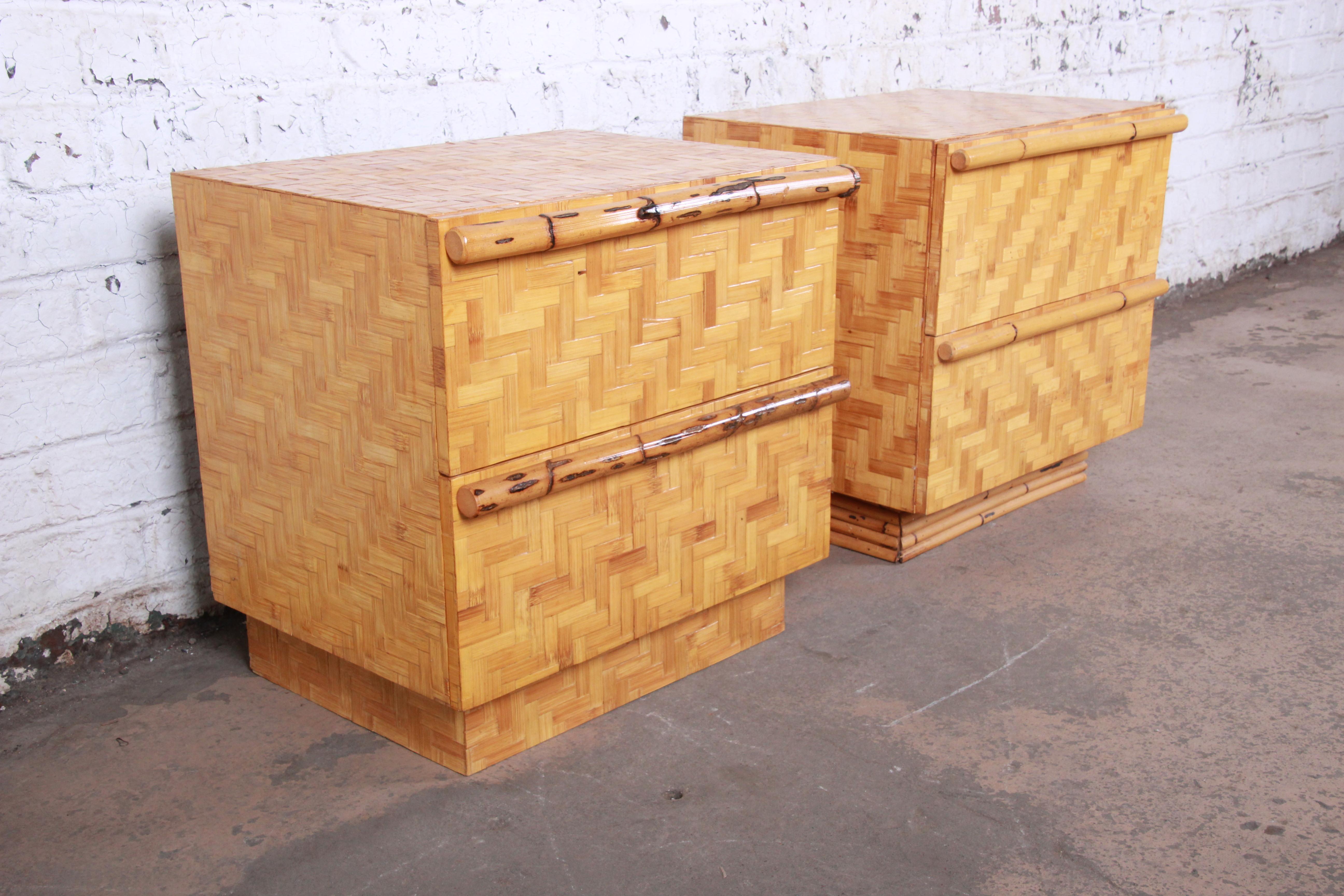 20th Century Midcentury Hollywood Regency Chinoiserie Bamboo Parquetry Nightstands, Pair