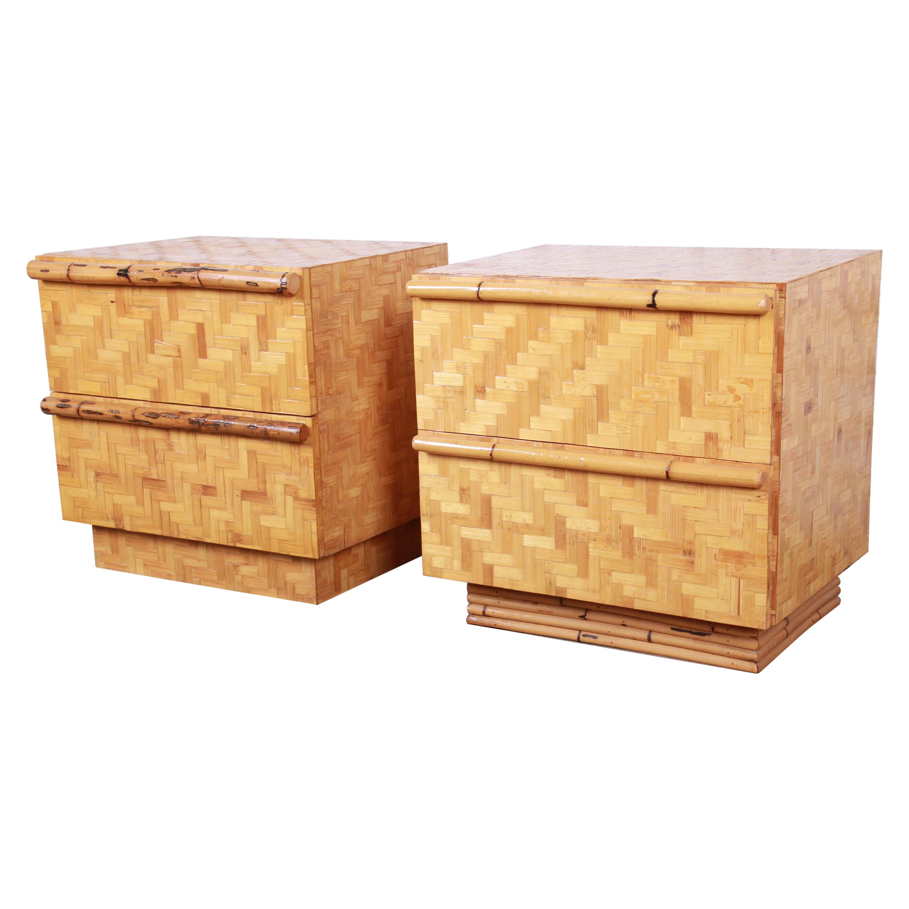 Midcentury Hollywood Regency Chinoiserie Bamboo Parquetry Nightstands, Pair