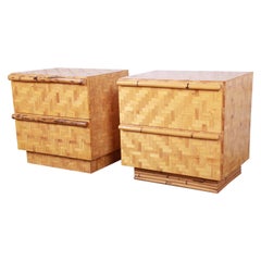 Vintage Midcentury Hollywood Regency Chinoiserie Bamboo Parquetry Nightstands, Pair