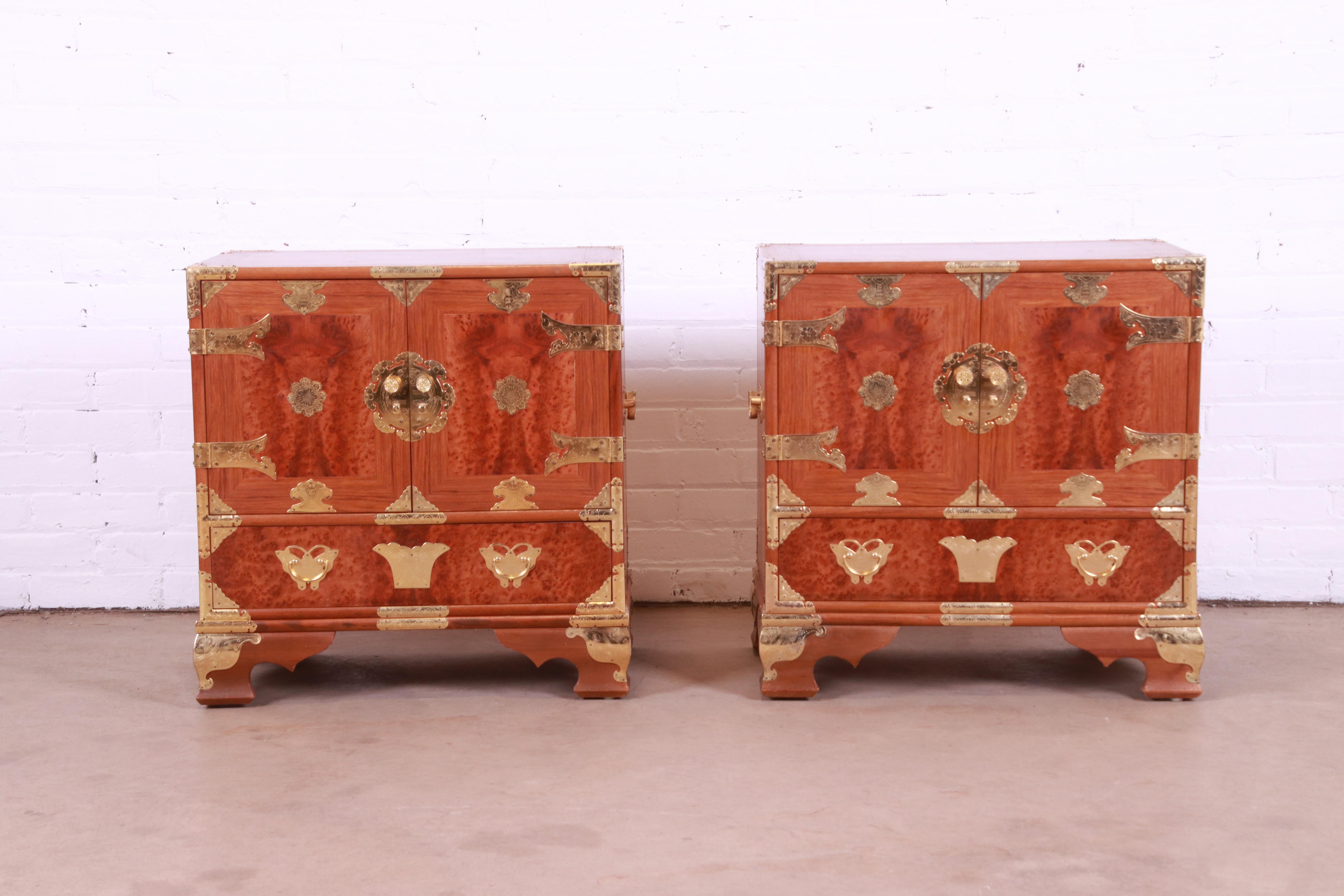 20th Century Mid-Century Hollywood Regency Chinoiserie Burl Wood and Brass Nightstands, Pair