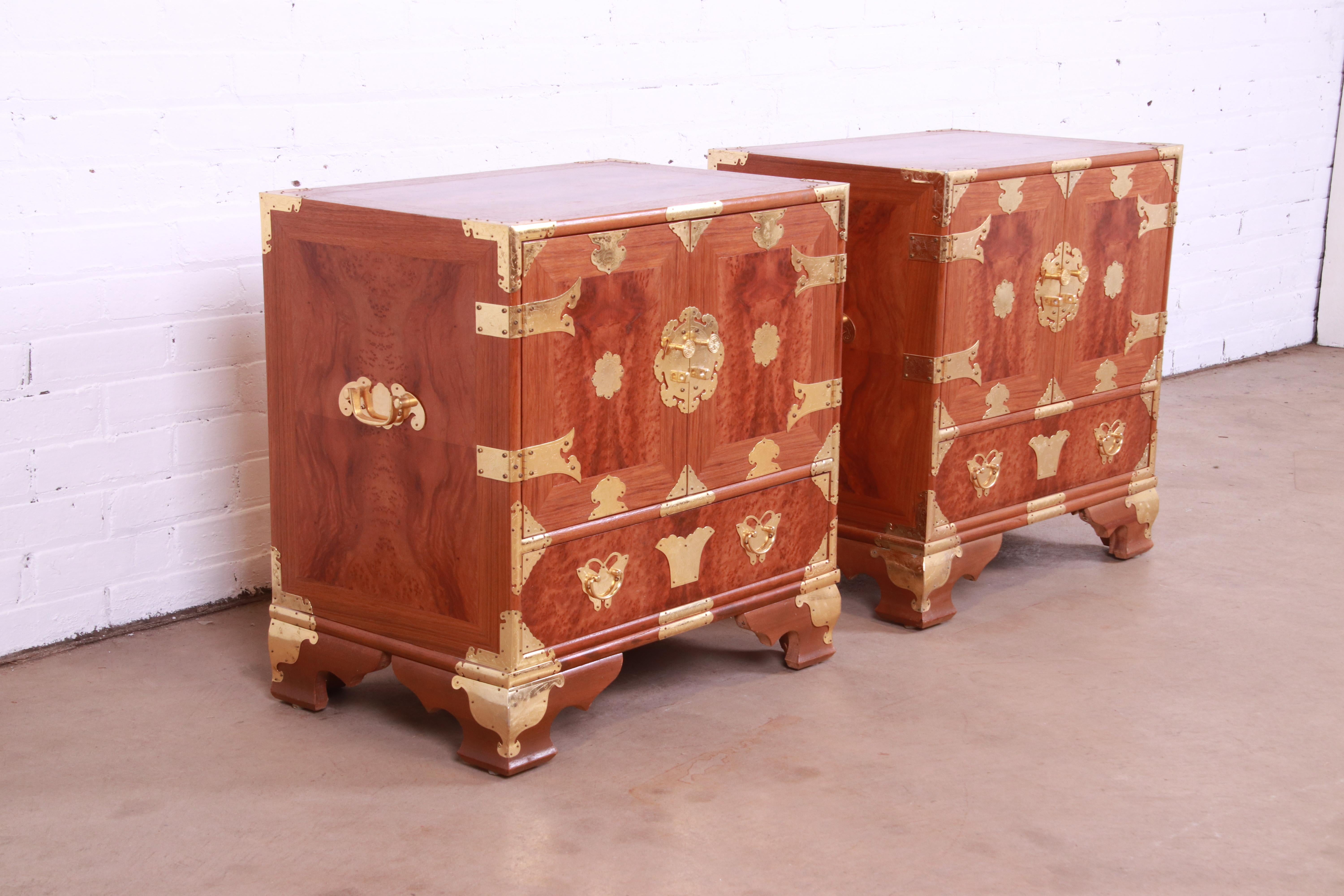Mid-Century Hollywood Regency Chinoiserie Burl Wood and Brass Nightstands, Pair 2