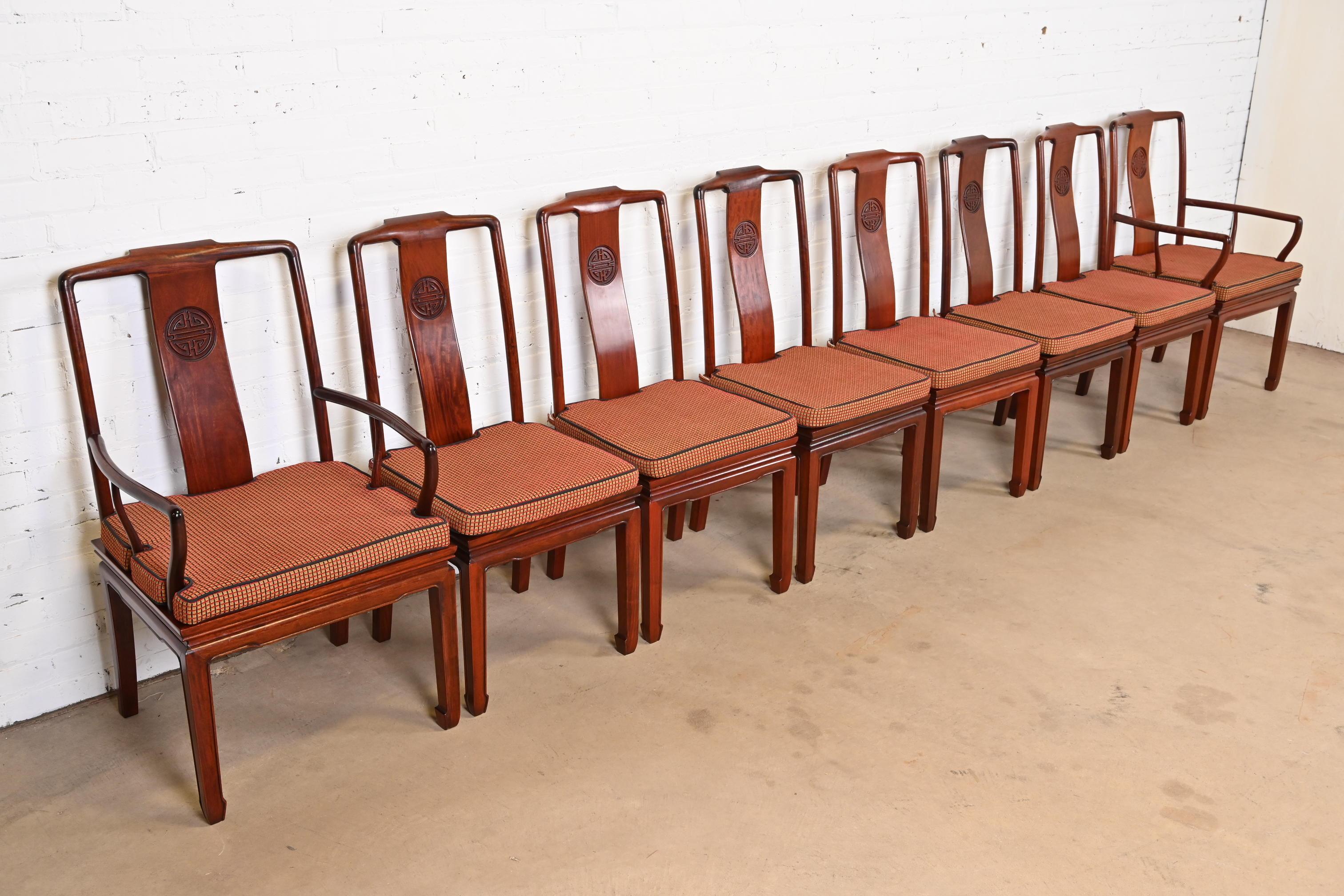 Upholstery Mid-Century Hollywood Regency Chinoiserie Rosewood Dining Chairs, Set of Eight For Sale