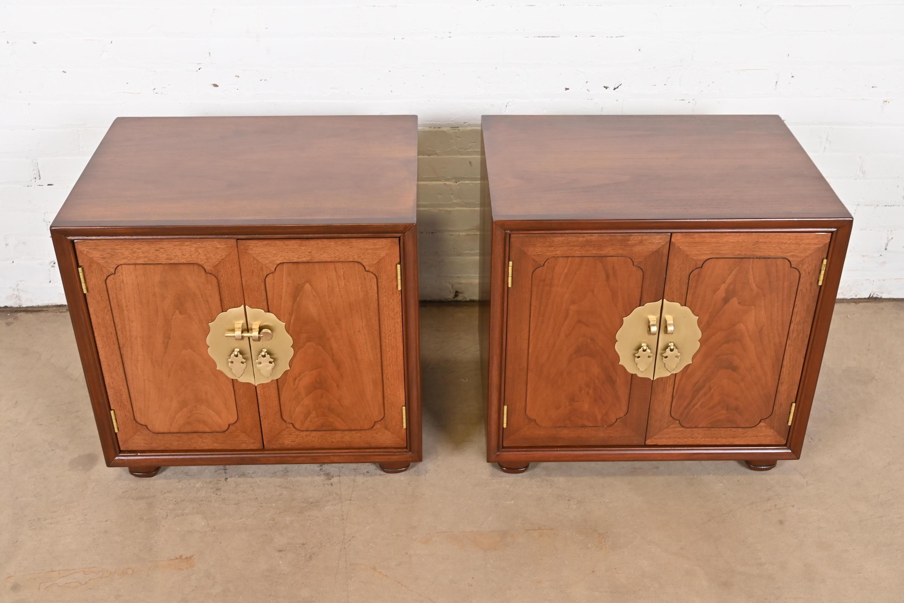 American Mid-Century Hollywood Regency Chinoiserie Walnut Bedside Chests, Refinished For Sale