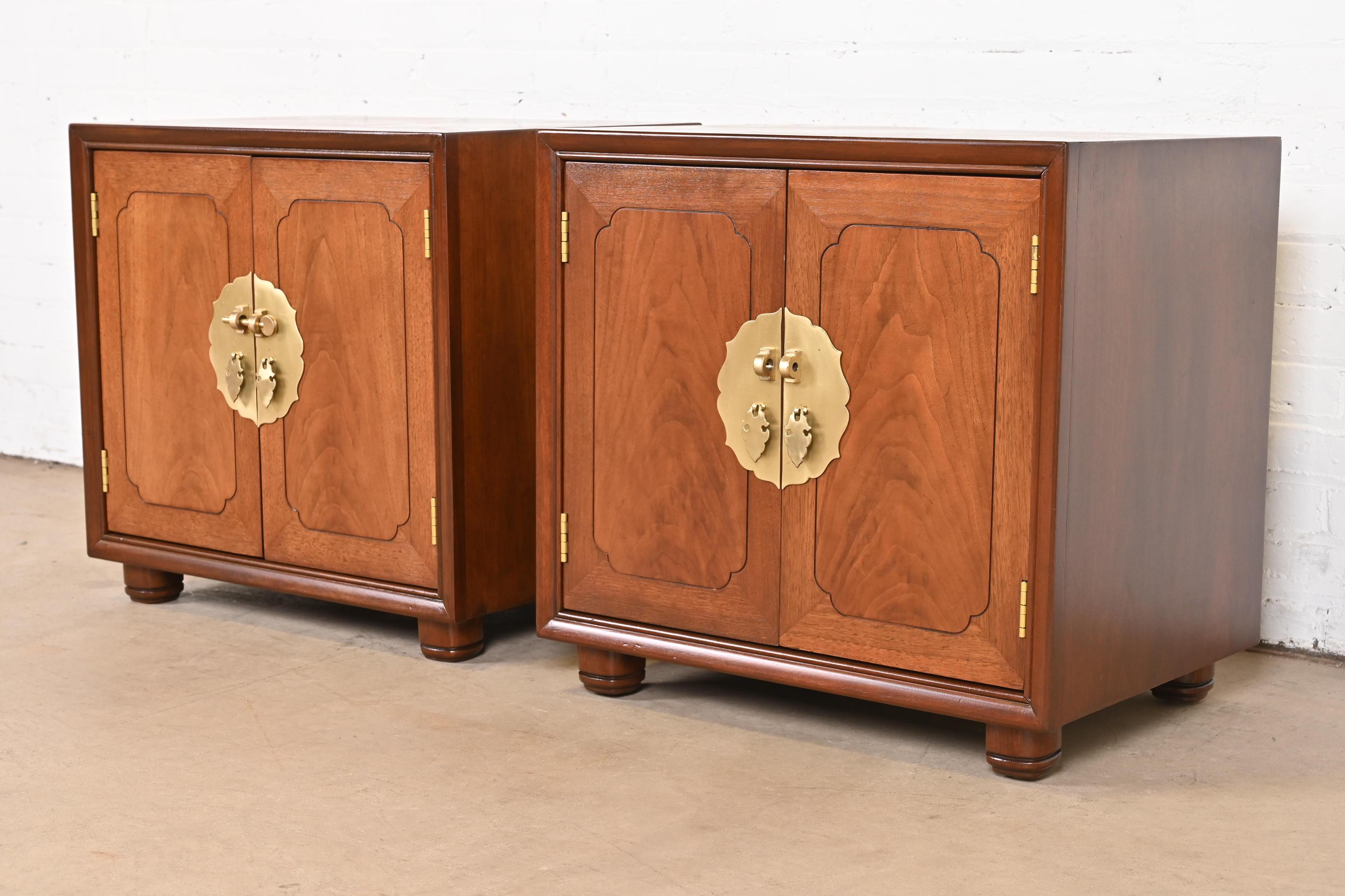 Late 20th Century Mid-Century Hollywood Regency Chinoiserie Walnut Bedside Chests, Refinished For Sale