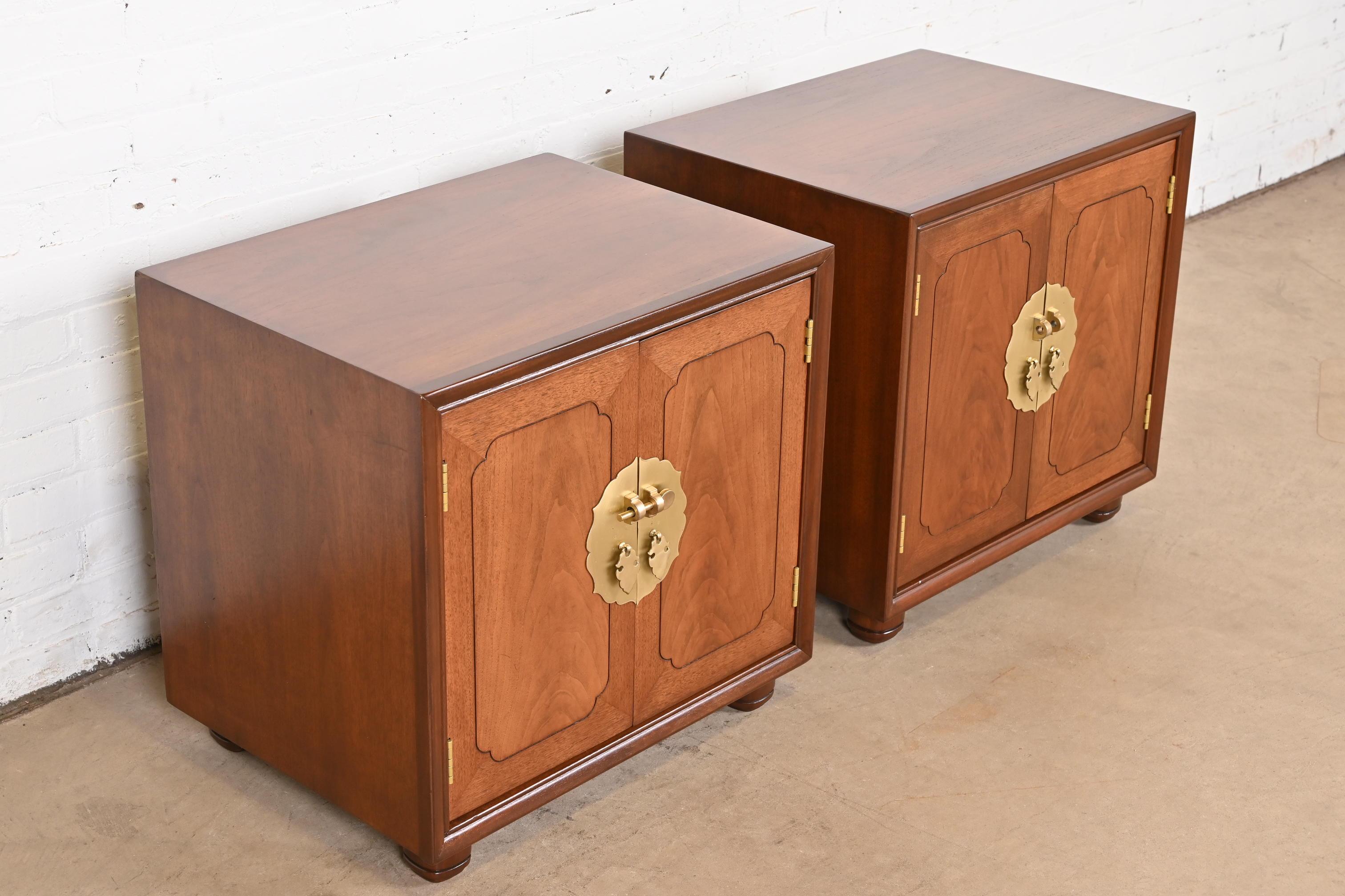 Brass Mid-Century Hollywood Regency Chinoiserie Walnut Bedside Chests, Refinished For Sale