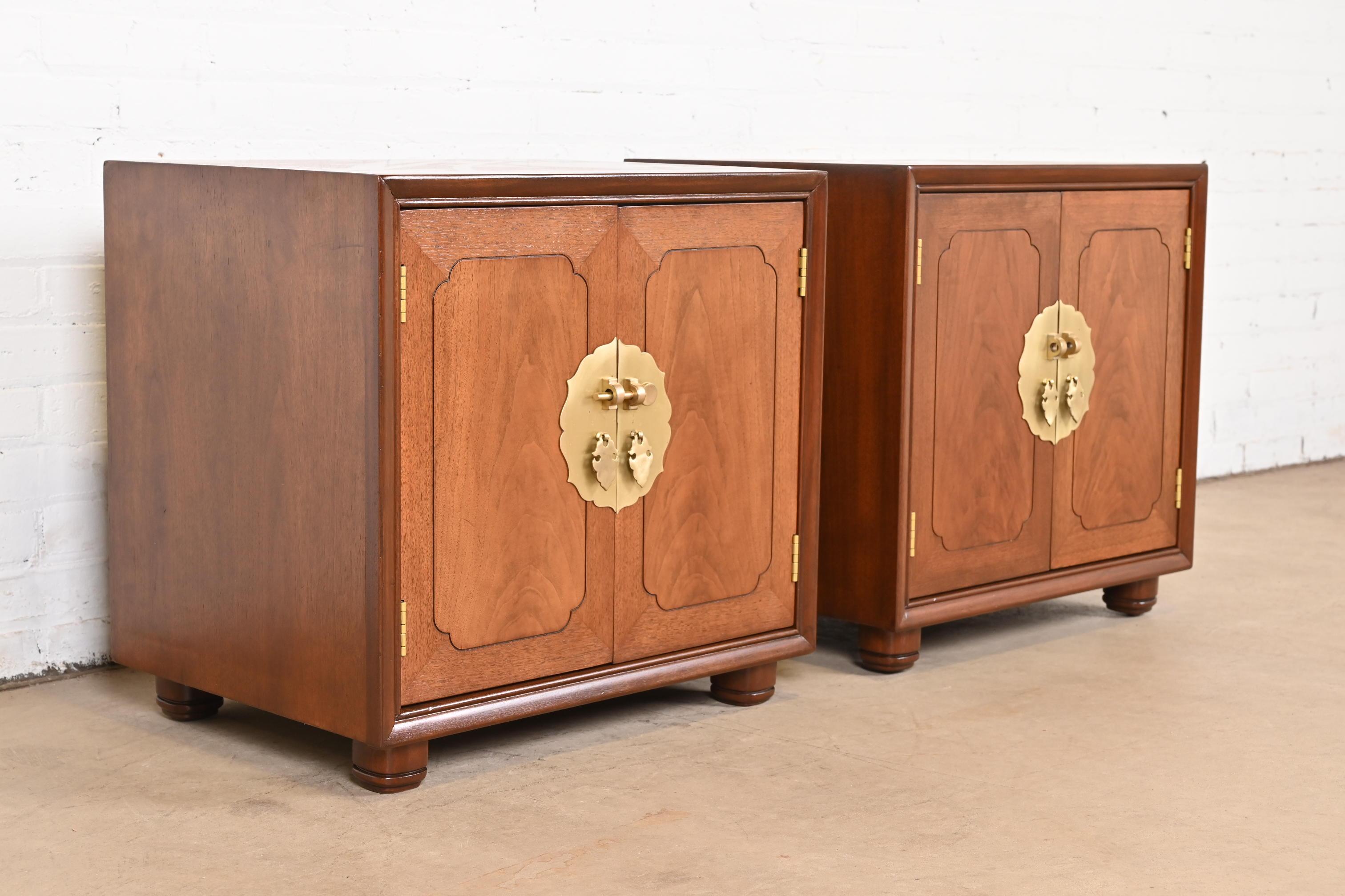 Mid-Century Hollywood Regency Chinoiserie Walnut Bedside Chests, Refinished For Sale 1