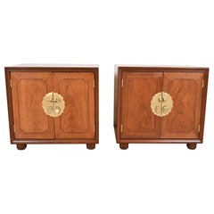 Mid-Century Hollywood Regency Chinoiserie Walnut Bedside Chests, Refinished