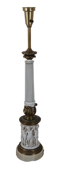 Mid Century Hollywood Regency Column Table Lamp Putti Cherubs Torchiere