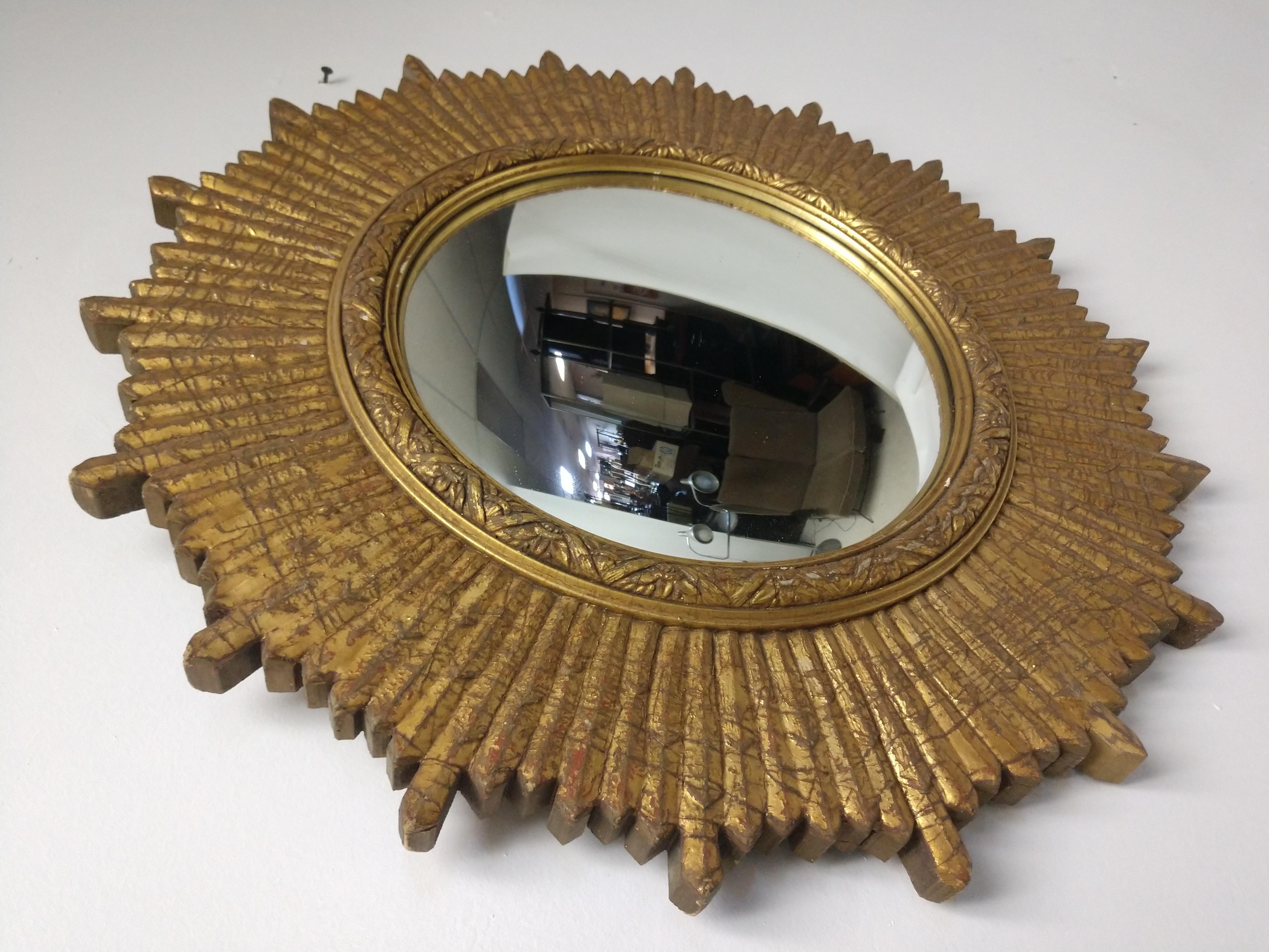 Carved Mid Century Hollywood Regency Convex Giltwood Sunburst Mirror