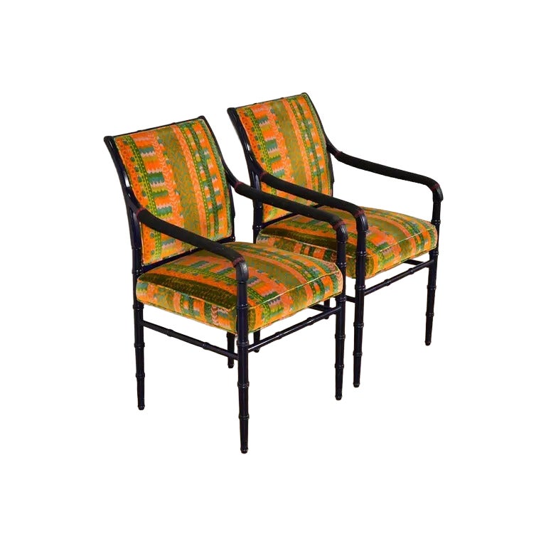 Mid-Century Hollywood Regency Ebonized Faux Bamboo Armchairs, Pair For Sale