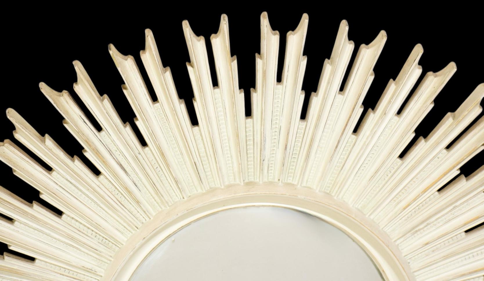 Italian Mid-Century Hollywood Regency Era Carved Wood Whitewashed Sunburst Mirror
