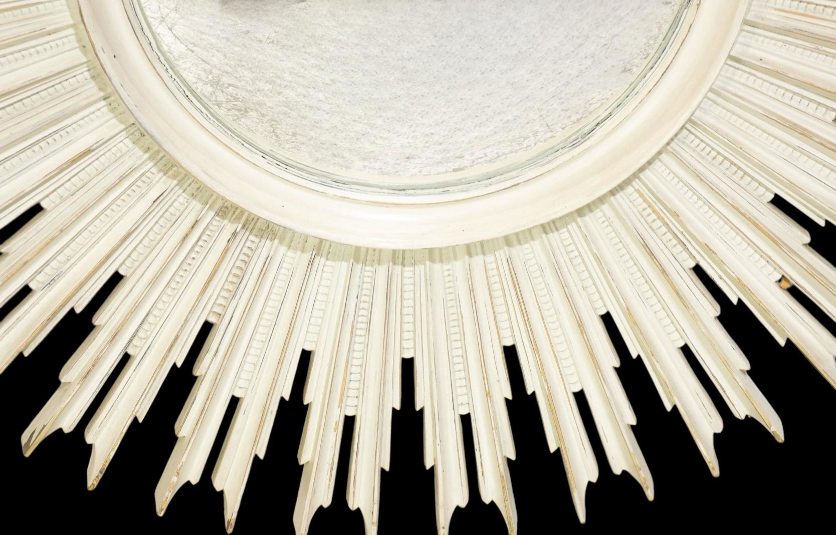 Mid-Century Hollywood Regency Era Carved Wood Whitewashed Sunburst Mirror In Good Condition In Kennesaw, GA