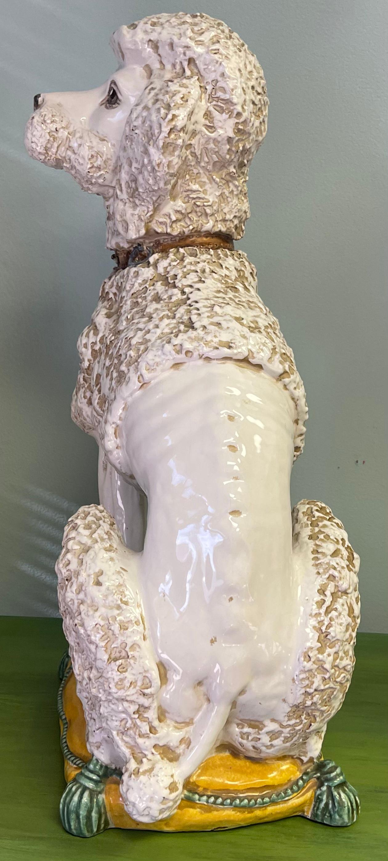 Mid-Century Hollywood Regency Era Italian Terracotta Poodle Figurine on Pillow In Good Condition In Kennesaw, GA