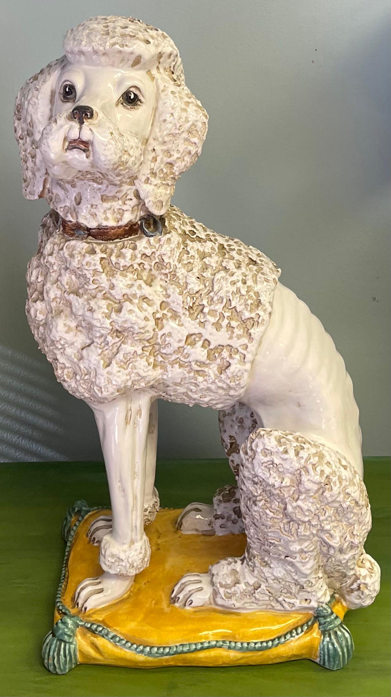 Mid-Century Hollywood Regency Era Italian Terracotta Poodle Figurine on Pillow 1