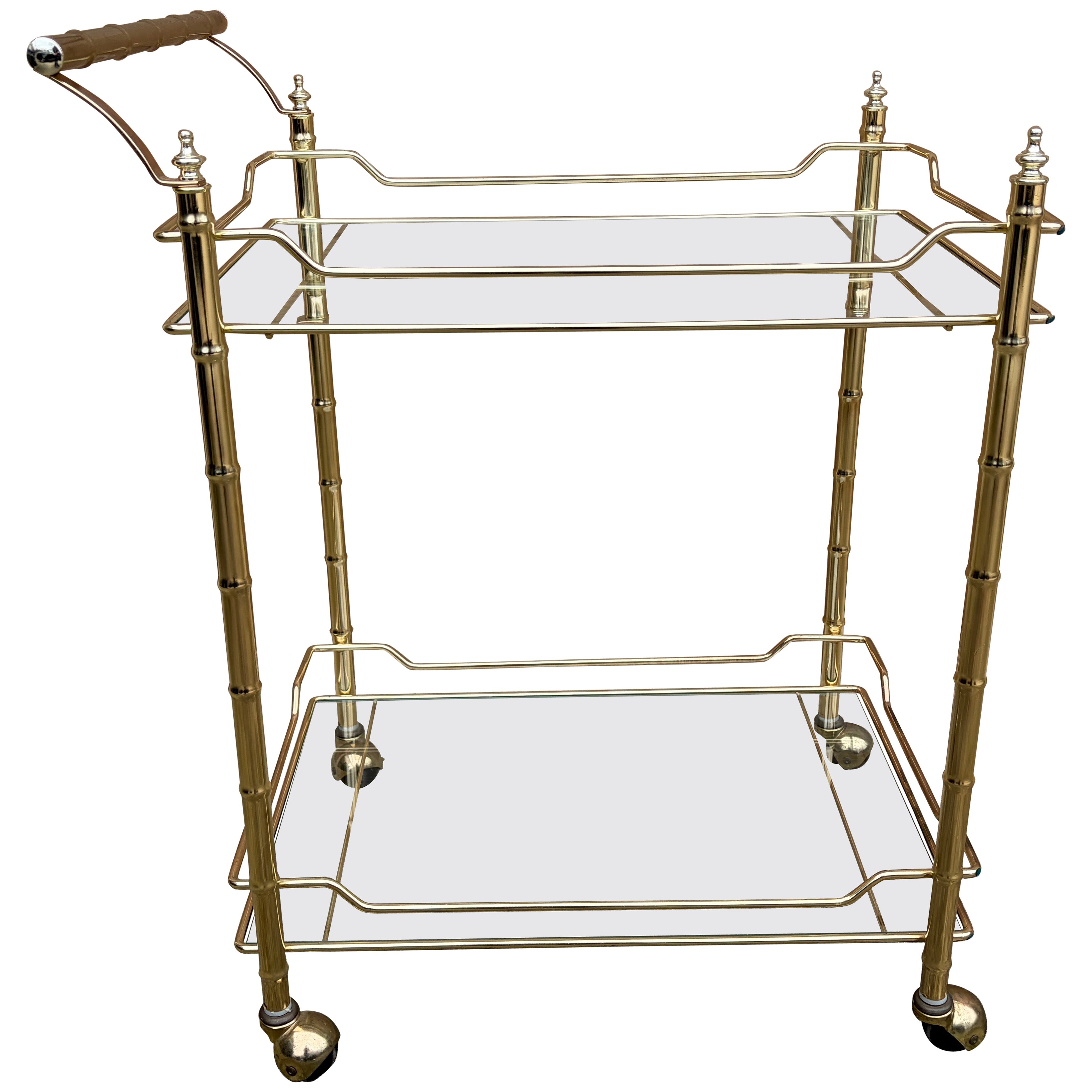 Mid-Century Hollywood Regency Faux Bamboo Brass & Glass Two-Tier Bar Cart, 1960s