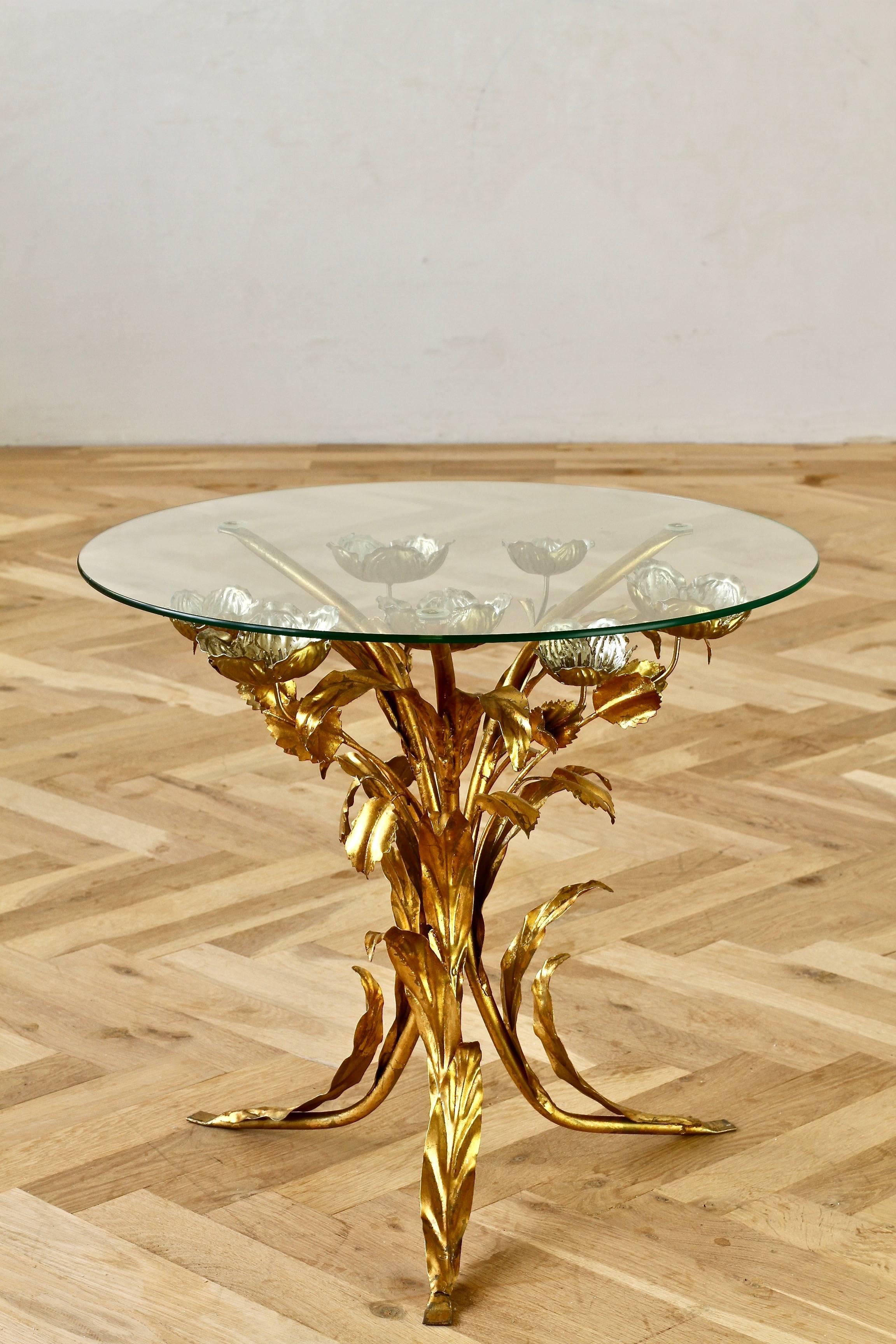 Italian Mid-Century Hollywood Regency Gilt Metal Leaf and Flower Side Table by Hans Kögl