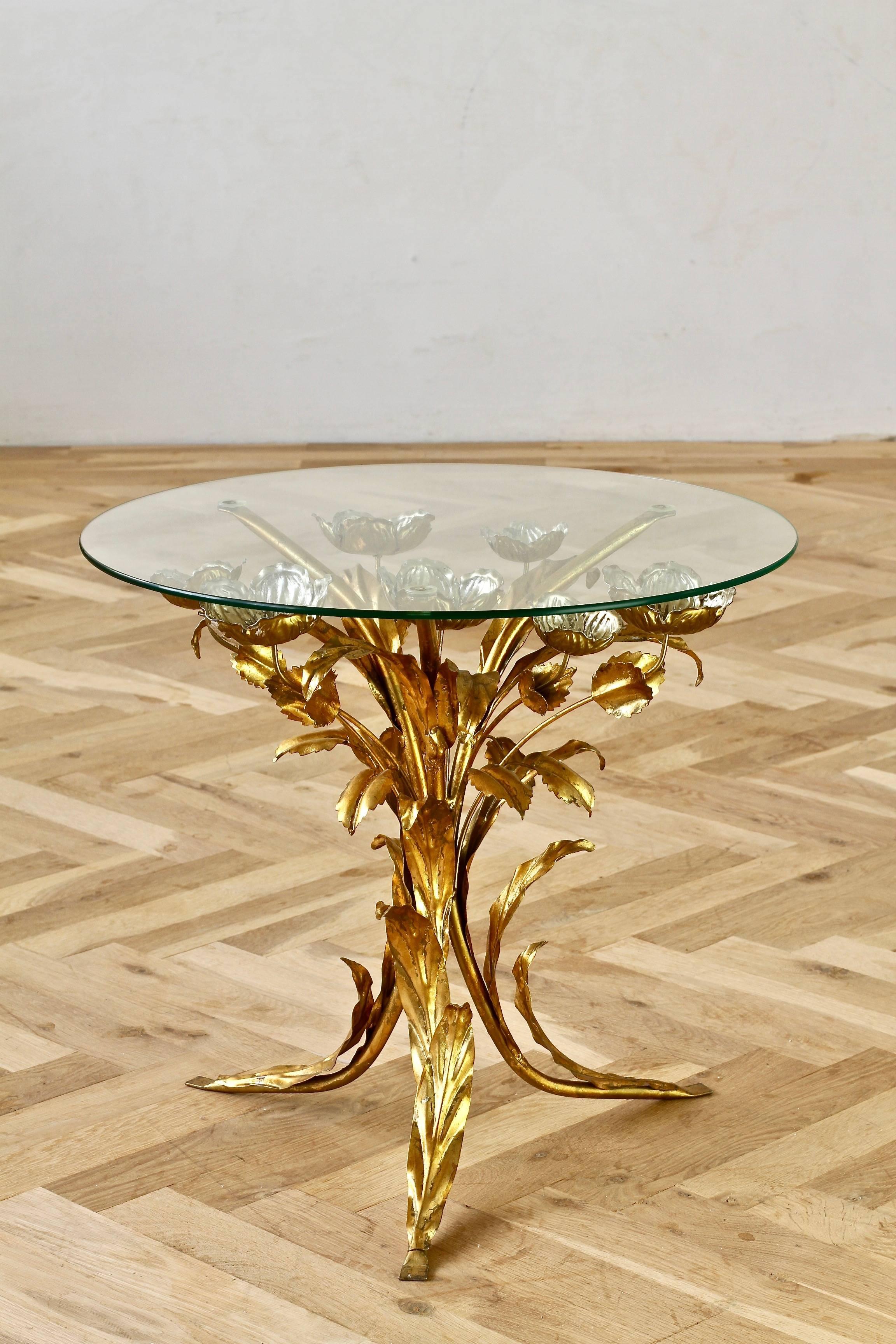 Mid-Century Hollywood Regency Gilt Metal Leaf and Flower Side Table by Hans Kögl 1