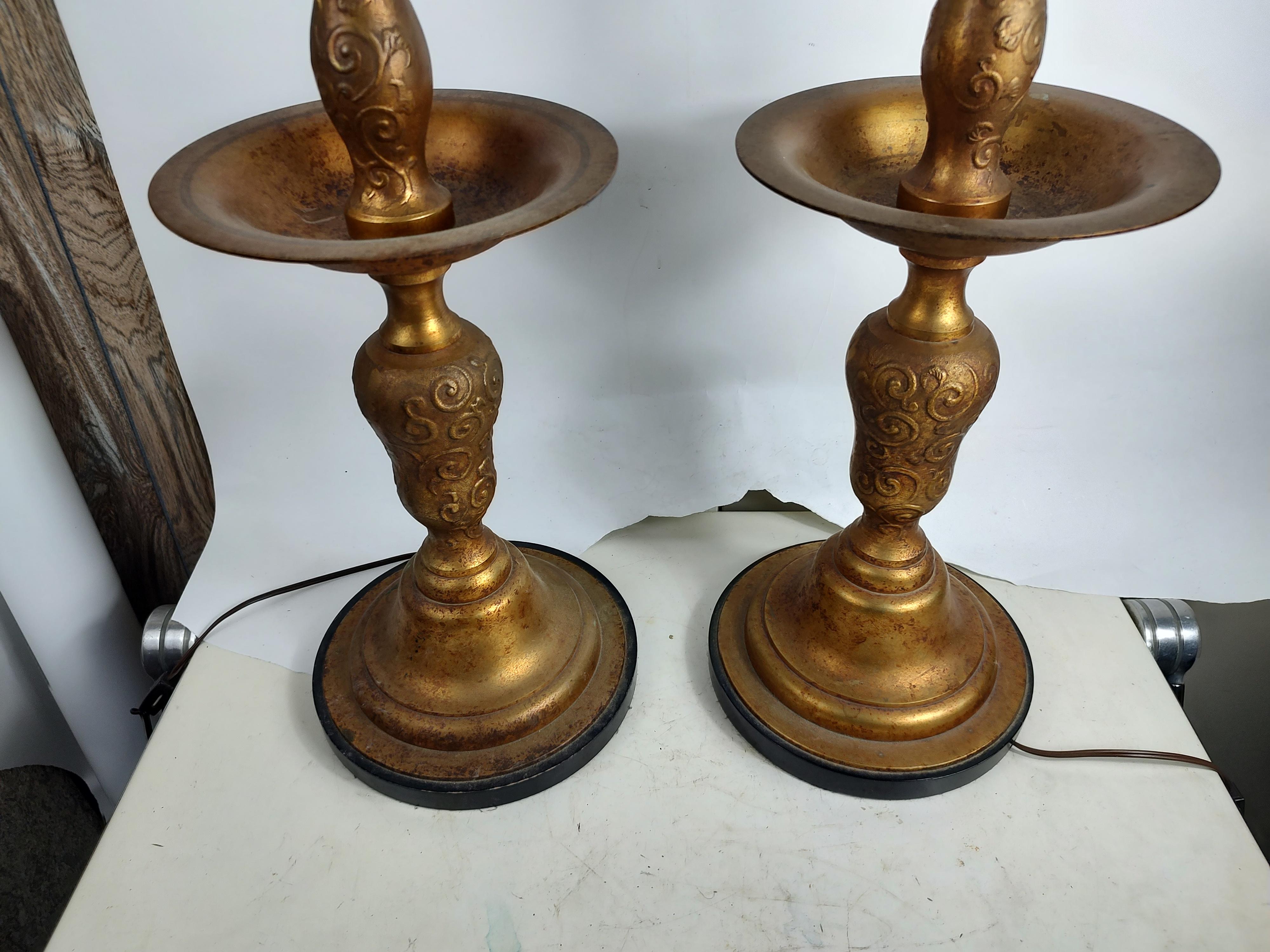 Mid Century Hollywood Regency Gilt Metal Pricket Style Table Lamps  For Sale 8