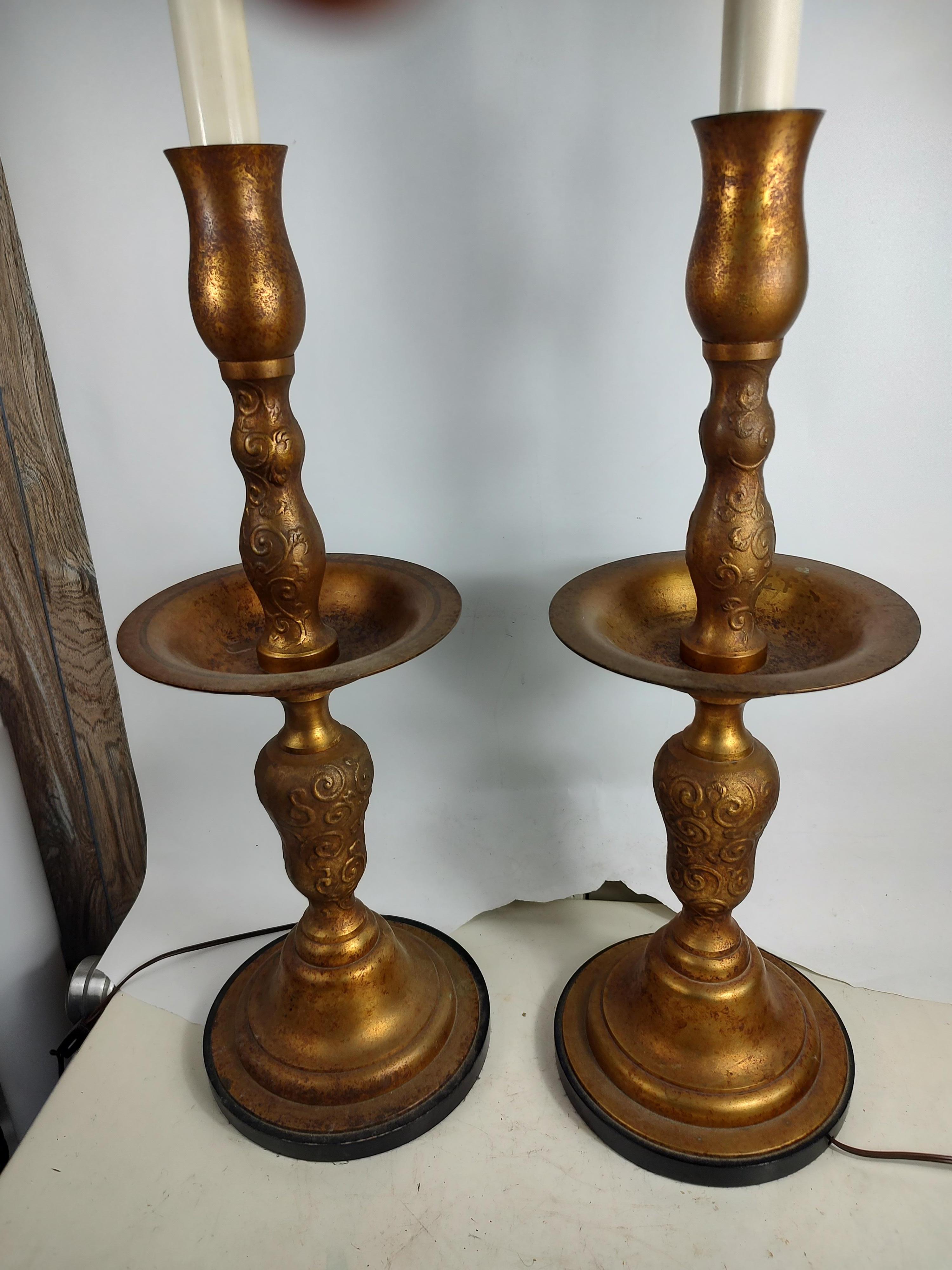 Mid Century Hollywood Regency Gilt Metal Pricket Style Table Lamps  For Sale 7