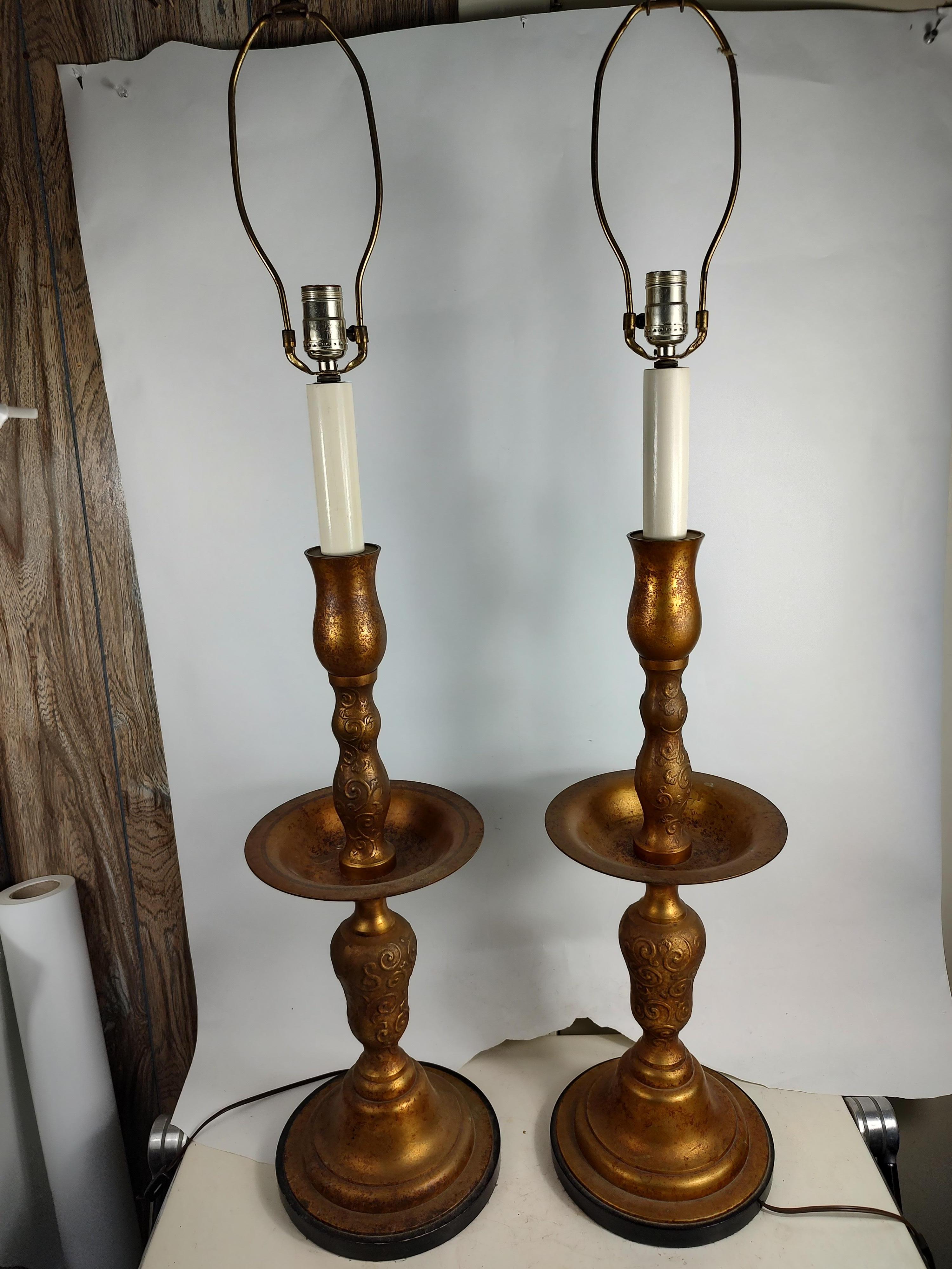 Mid Century Hollywood Regency Gilt Metal Pricket Style Table Lamps  For Sale 8