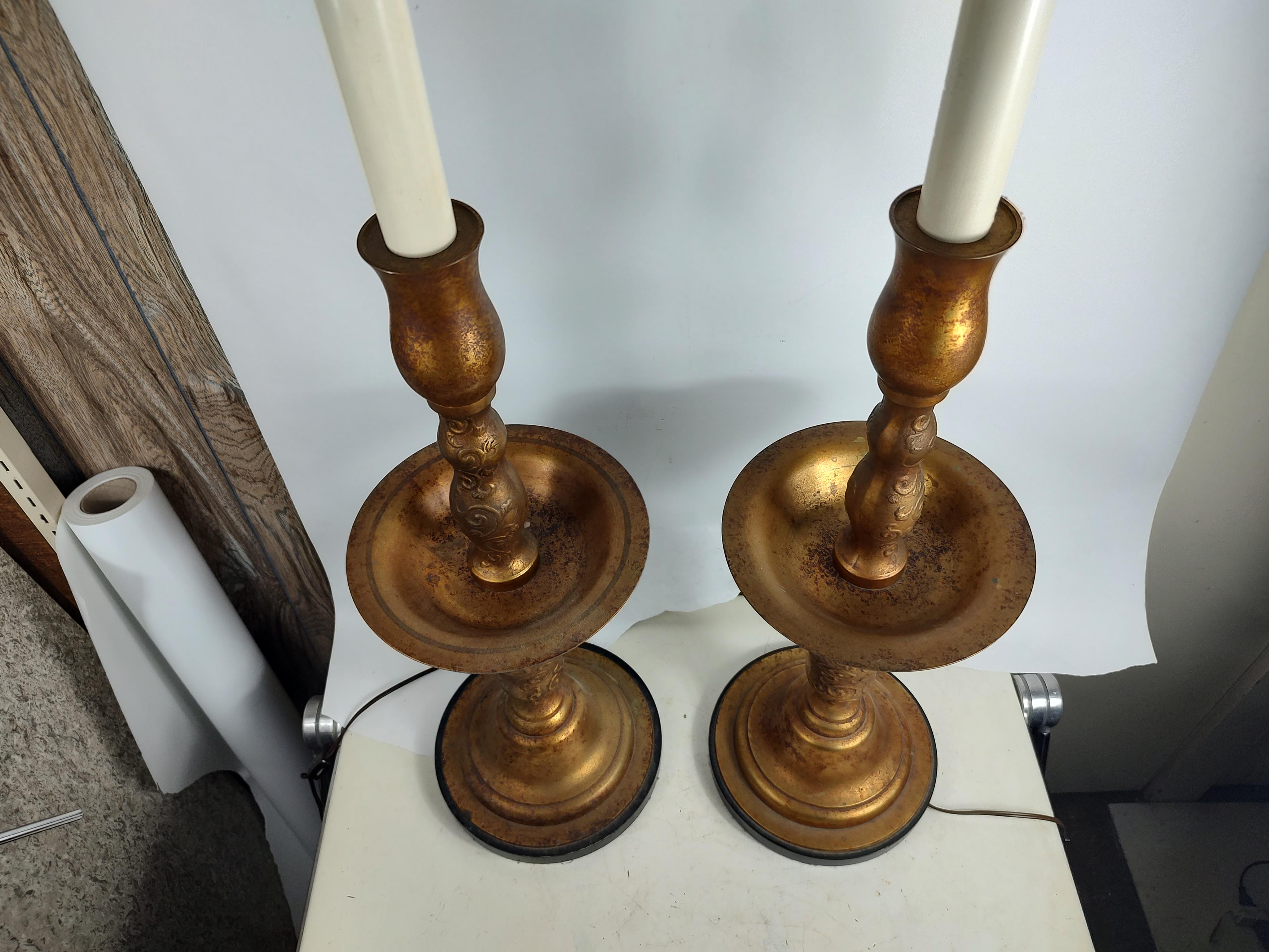 American Mid Century Hollywood Regency Gilt Metal Pricket Style Table Lamps  For Sale