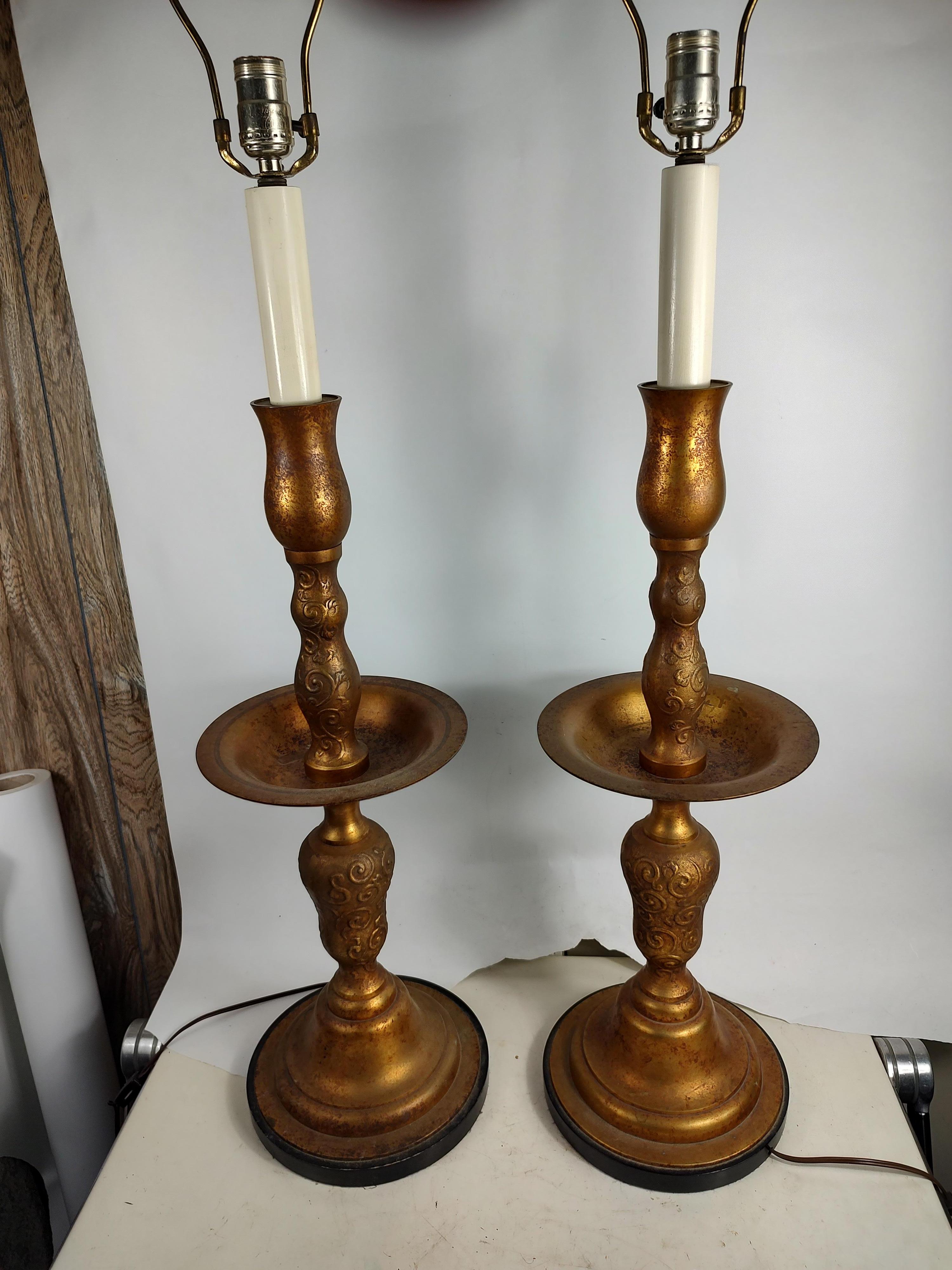 Mid Century Hollywood Regency Gilt Metal Pricket Style Table Lamps  For Sale 4