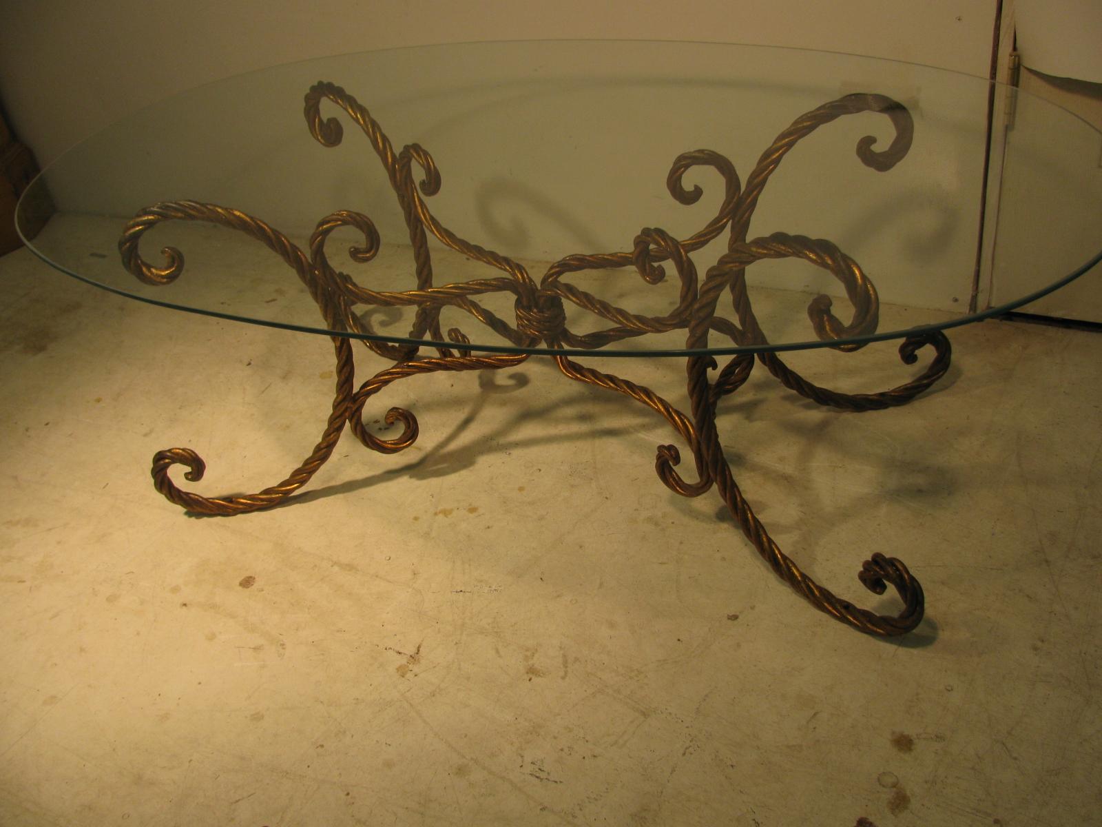 Iron Midcentury Hollywood Regency Gilt Rope Cocktail Table For Sale