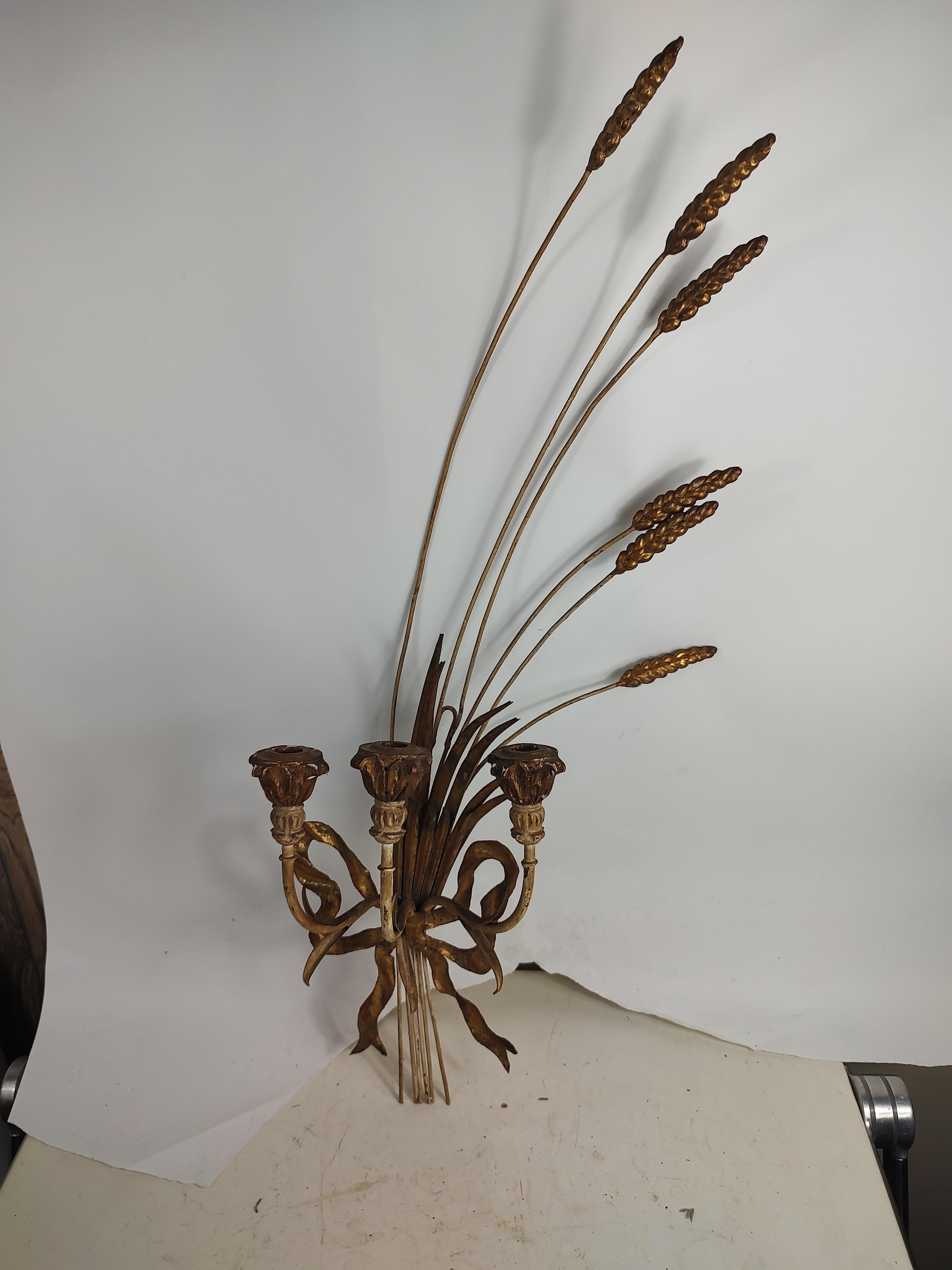 Mid Century Hollywood Regency Gilt Sheaf of Wheat Candle Sconces Italy In Good Condition In Port Jervis, NY