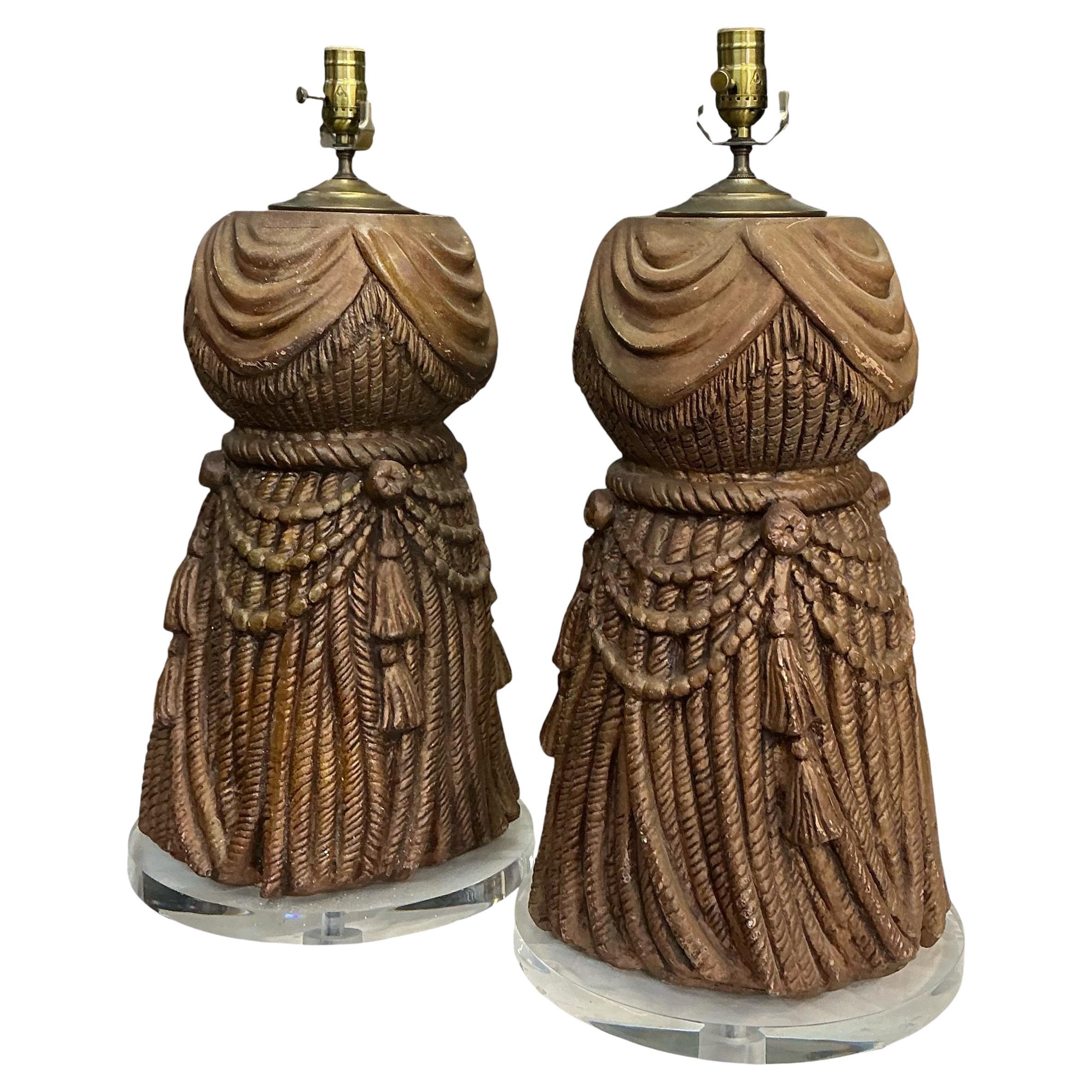 Mid-Century Hollywood Regency Gilt Tassel & Lucite Table Lamps - Pair