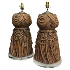 Mid-Century Hollywood Regency Gilt Tassel & Lucite Table Lamps - Pair