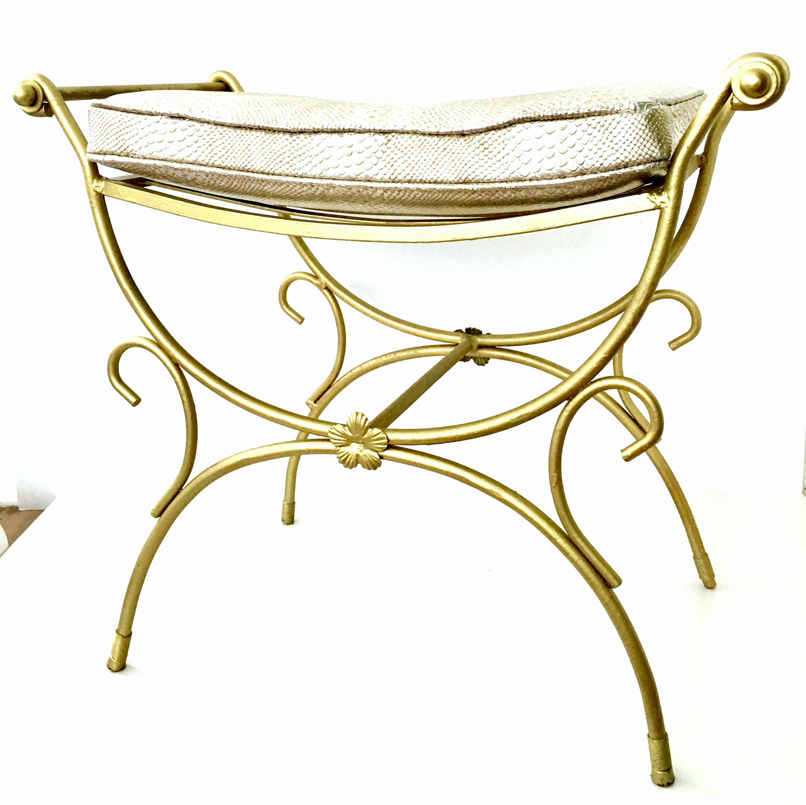 Mid-Century Hollywood Regency Gold Iron and Faux Python Cushion Bench In Good Condition For Sale In West Palm Beach, FL