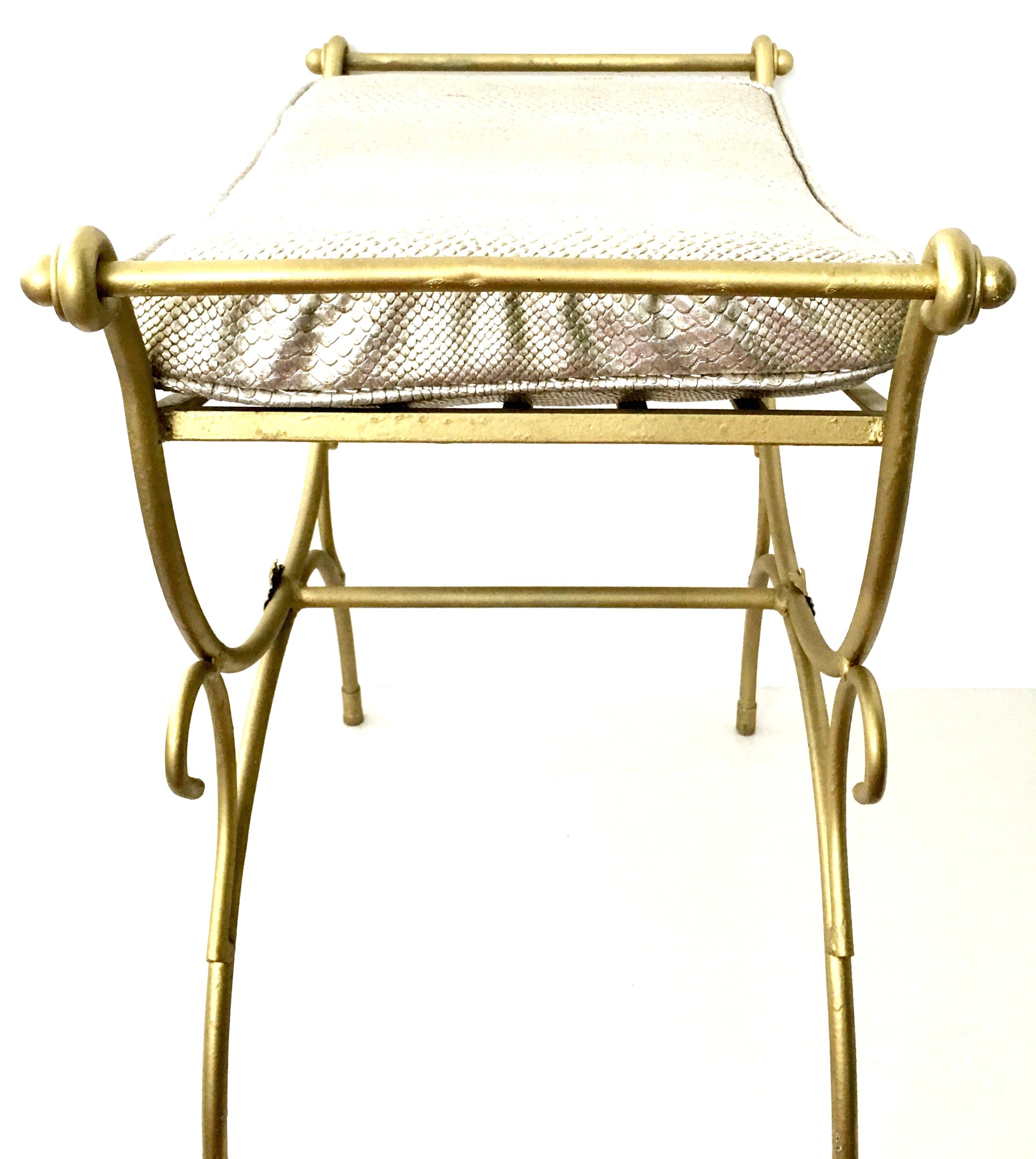20th Century Mid-Century Hollywood Regency Gold Iron and Faux Python Cushion Bench For Sale