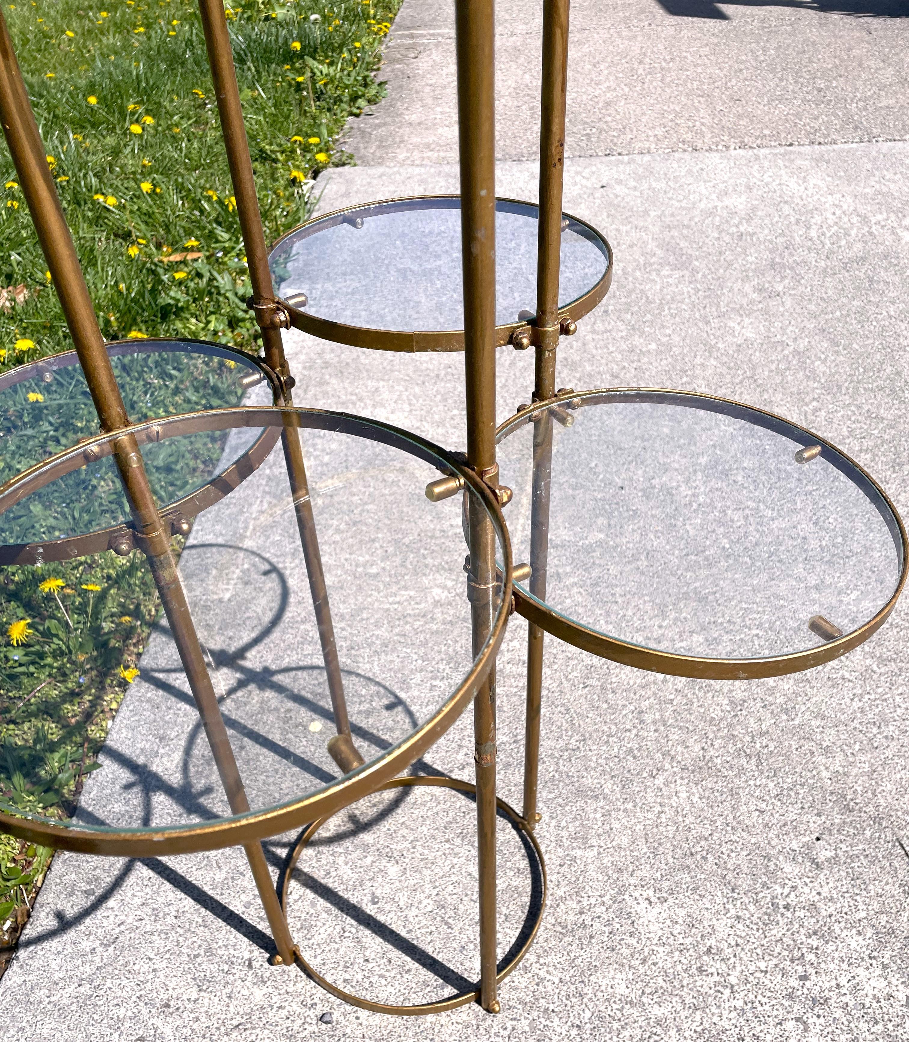 Mid Century Hollywood Regency Gold Metal Display Stand Round Glass Tier Shelves For Sale 4