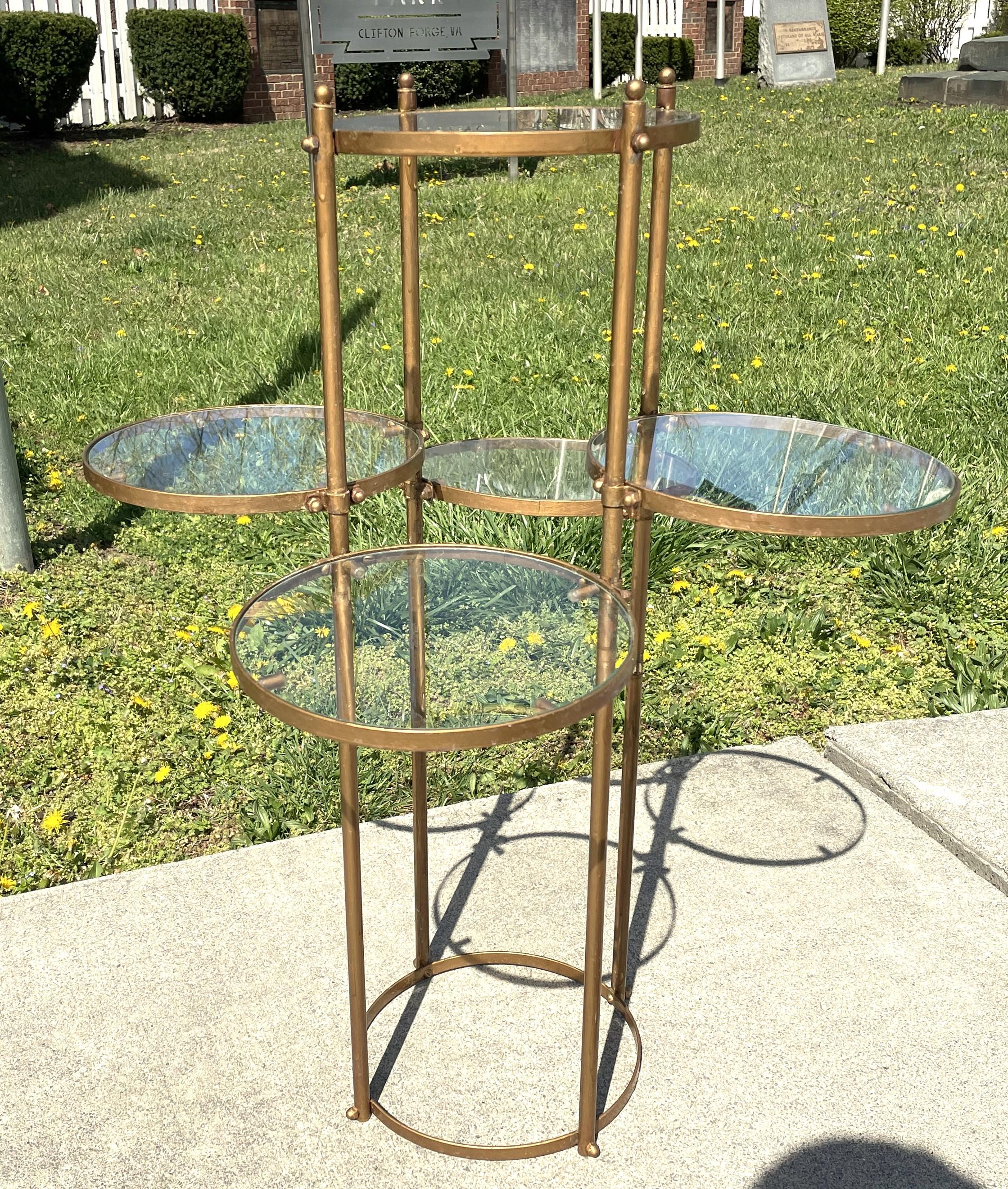 Mid-Century Modern Mid Century Hollywood Regency Gold Metal Display Stand Round Glass Tier Shelves For Sale