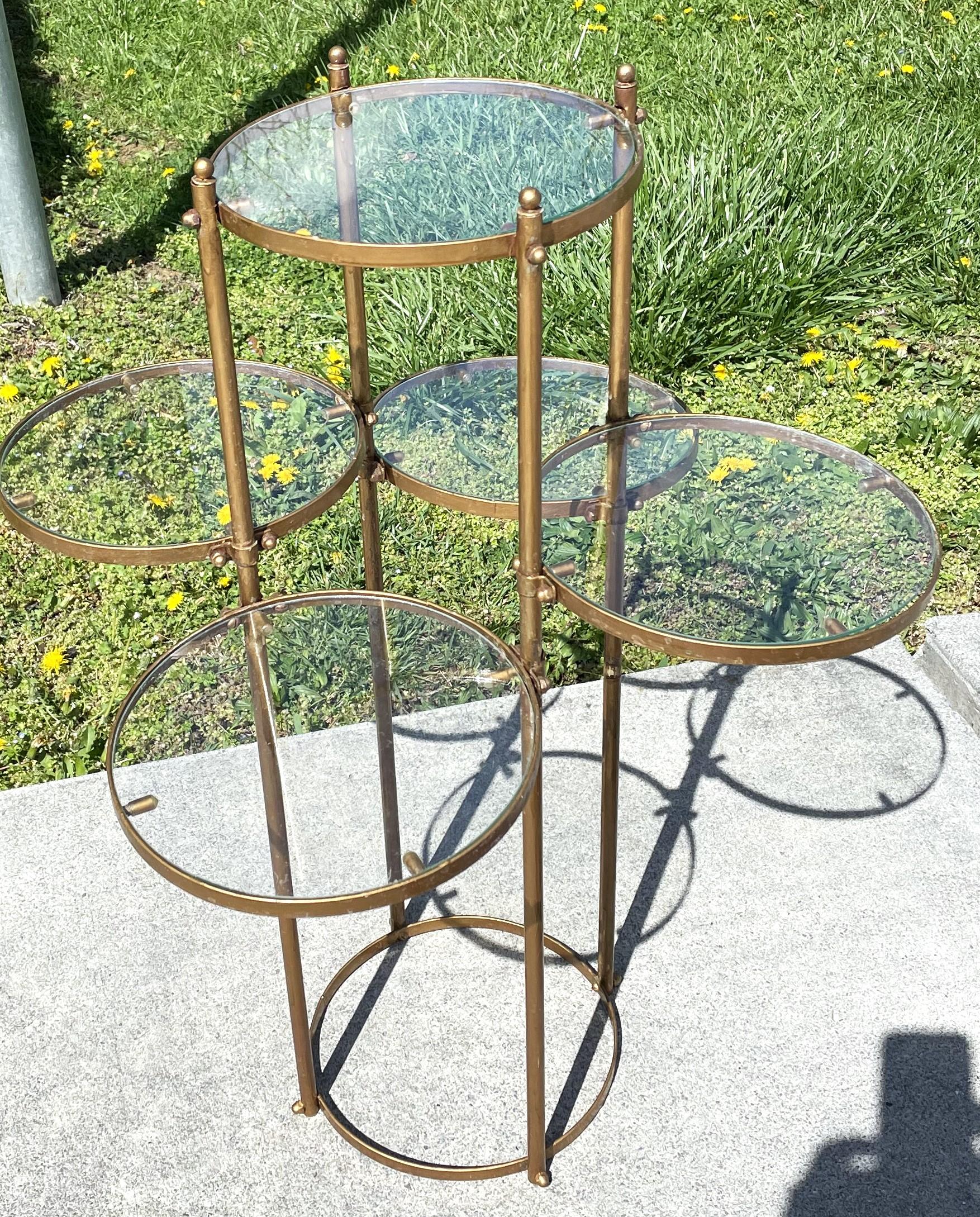 Unknown Mid Century Hollywood Regency Gold Metal Display Stand Round Glass Tier Shelves For Sale