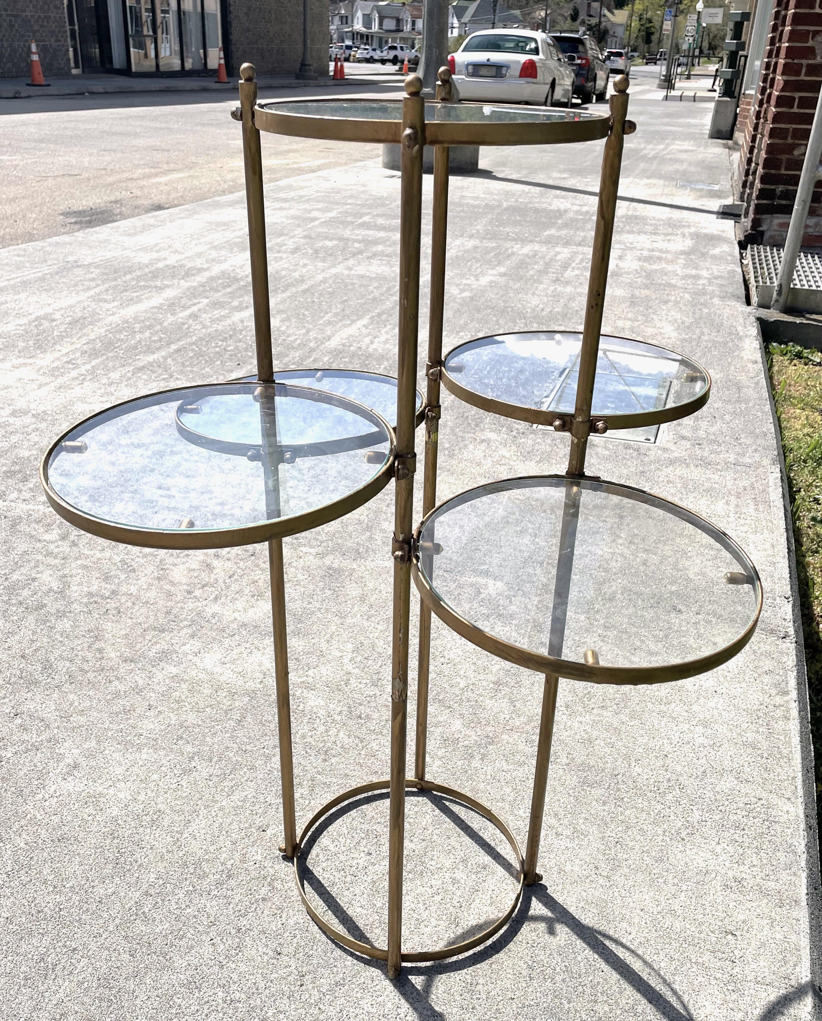 20th Century Mid Century Hollywood Regency Gold Metal Display Stand Round Glass Tier Shelves For Sale