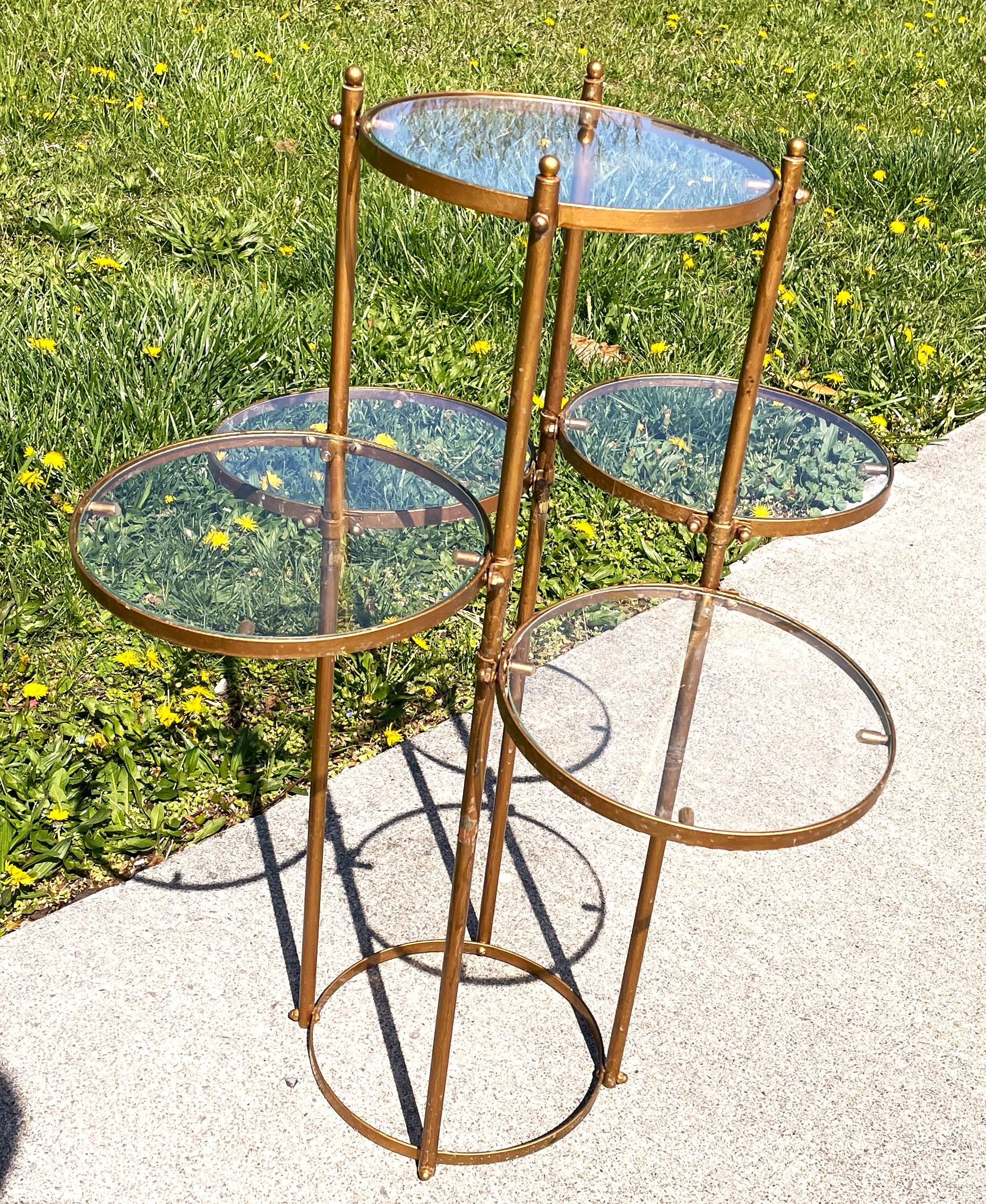 Mid Century Hollywood Regency Gold Metal Display Stand Round Glass Tier Shelves For Sale 3