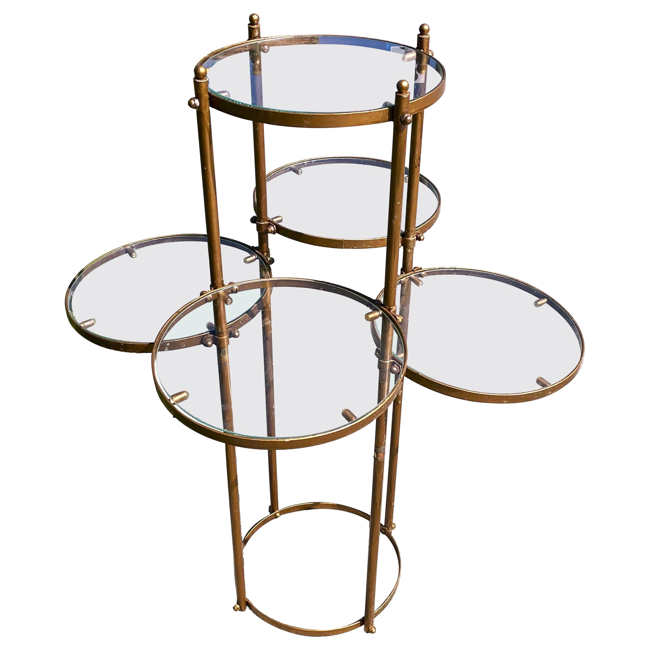 Mid Century Hollywood Regency Gold Metal Display Stand Round Glass Tier Shelves