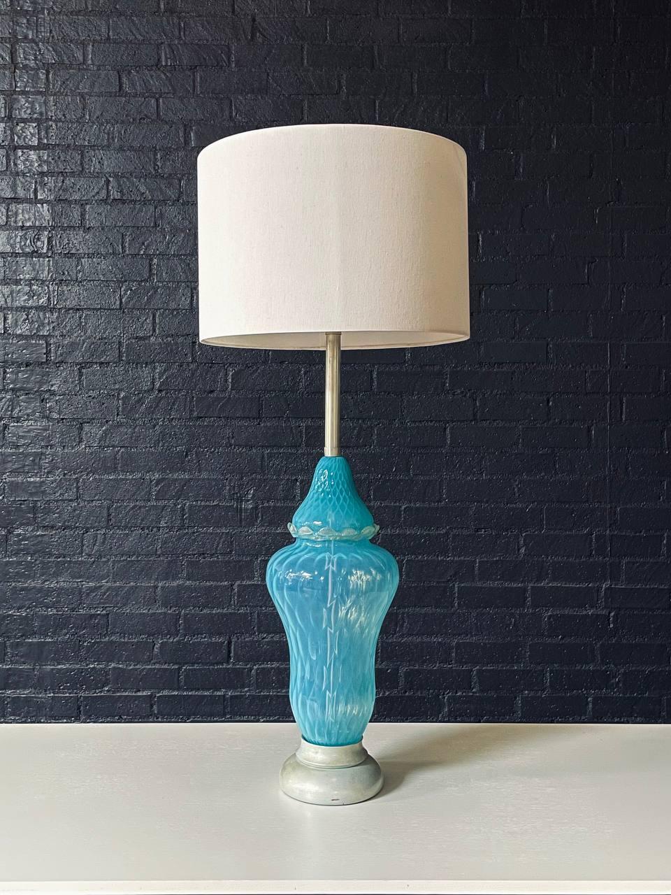 American Mid-Century Hollywood Regency Italian Blue Swirl Murano Table Lamp For Sale