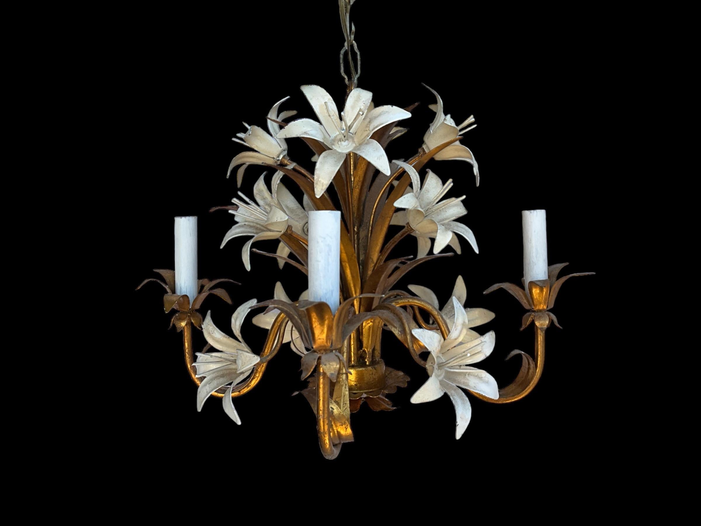 This is a Hollywood Regency era gilt tole chandelier with a plethora of ivory lilies. The height of 16 inches is to the loop. The chain is short with about 5 inches, but I can add to it prior to shipping. The canopy diameter is 5 inches. 