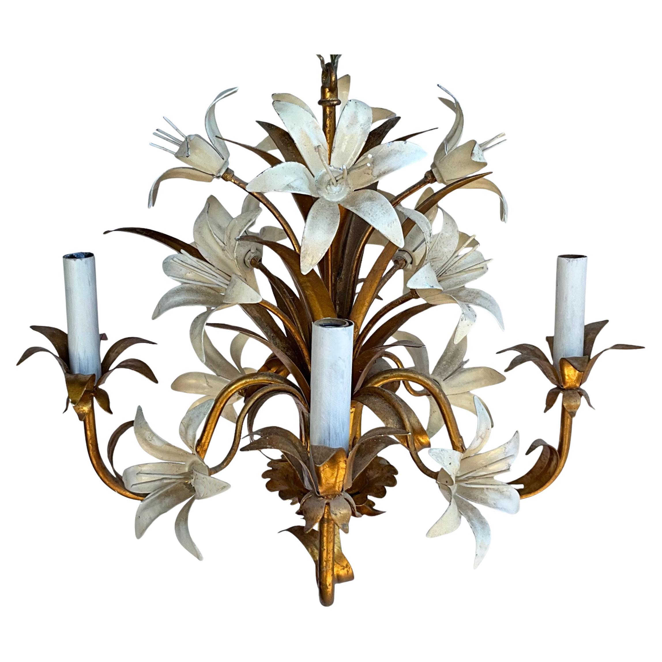 Mid-Century Hollywood Regency Italian Gilt Tole Chandelier With Lilies - 6 Arm For Sale