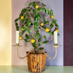 Mid-Century Hollywood Regency Italian Lemon Tole Iron & Bamboo Wall Sconce