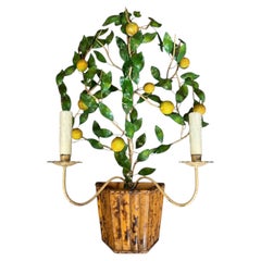 Mid-Century Hollywood Regency Italian Lemon Tole Iron & Bamboo Wall Sconce