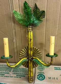 Mid-Century Hollywood Regency Italian Tole Metal Palm Tree Sconces - Pair